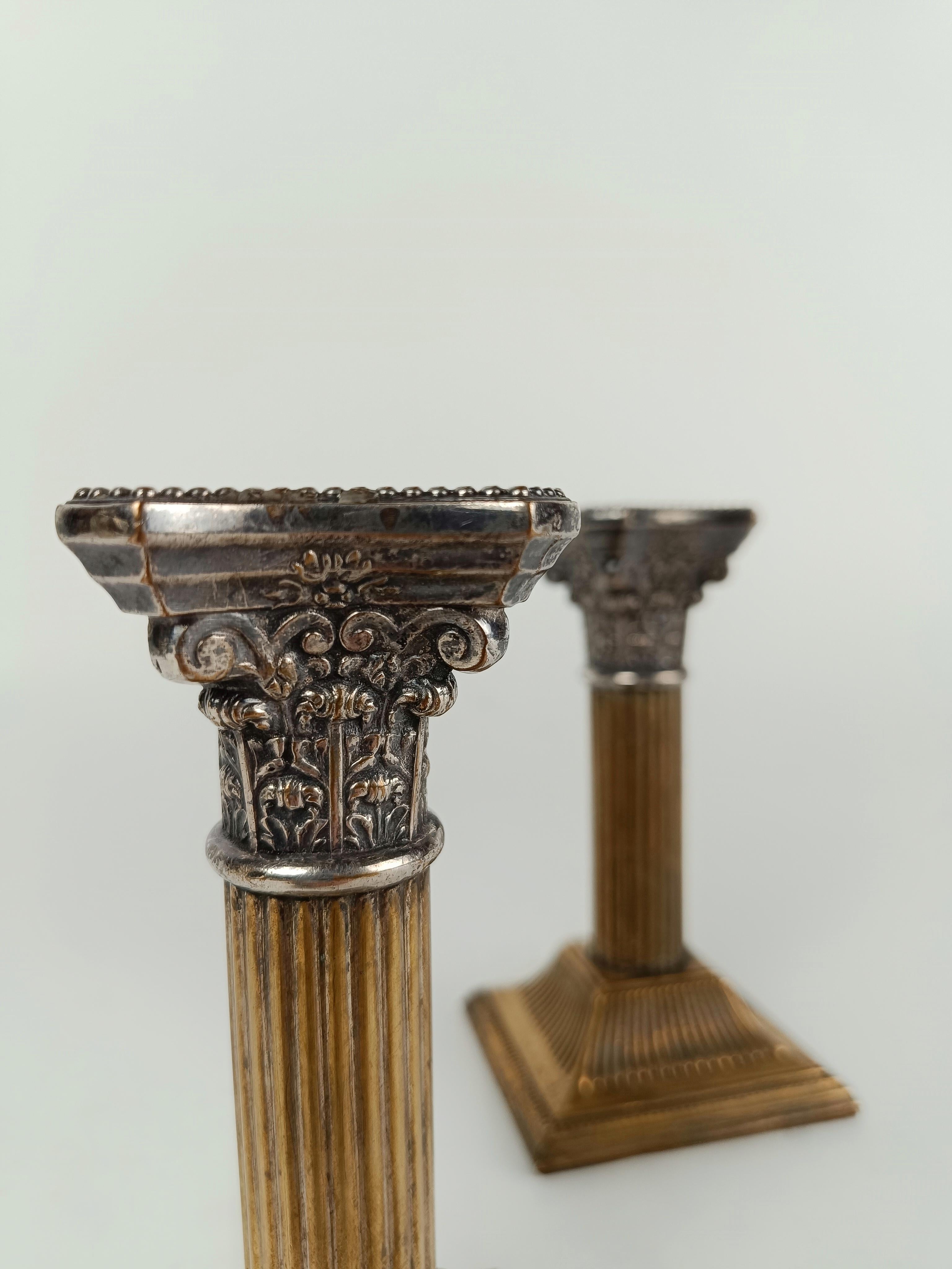 Pair of Antique Corinthian Columns Candlesticks Made in Silver Plated For Sale 9
