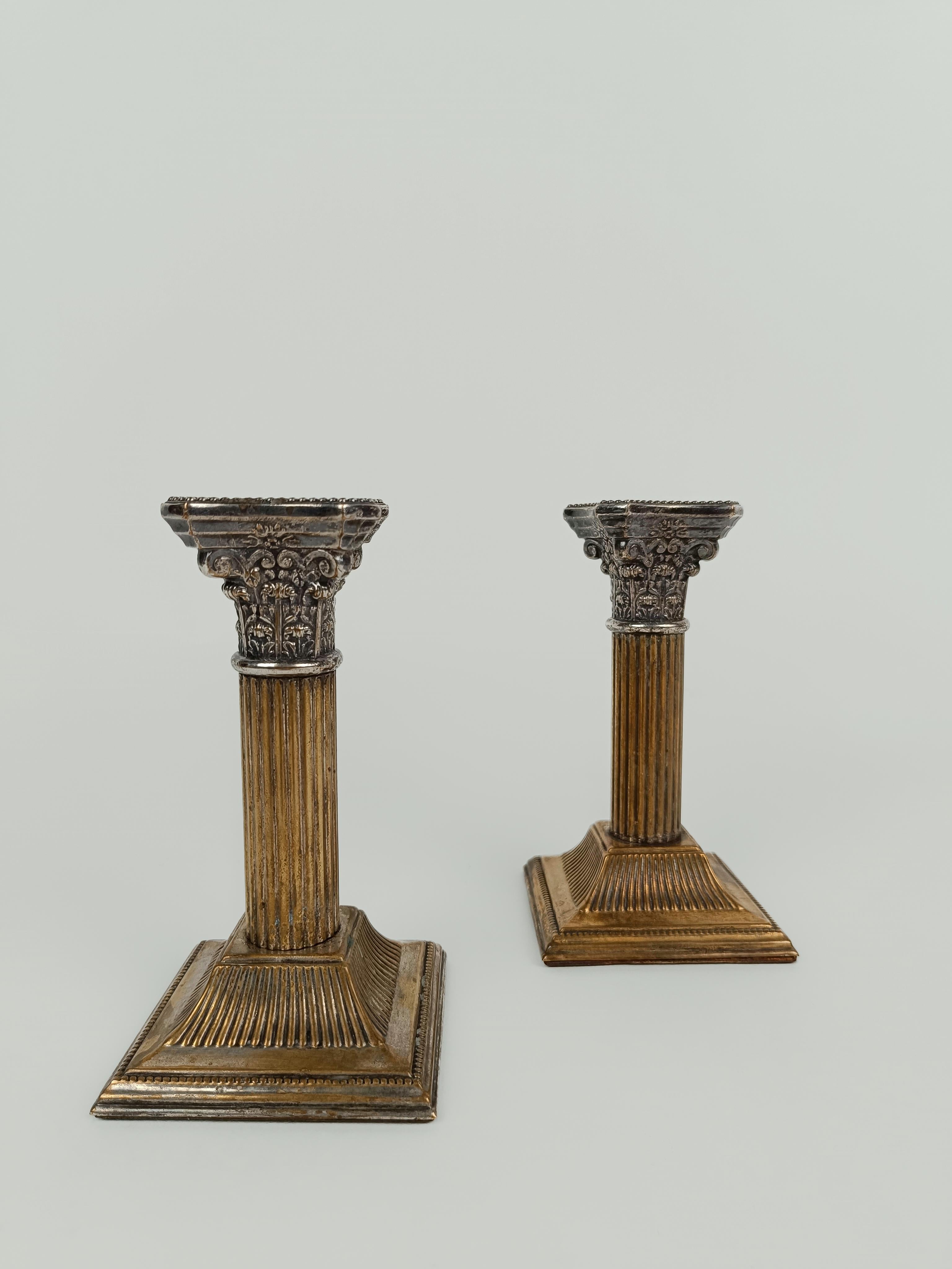 Pair of Antique Corinthian Columns Candlesticks Made in Silver Plated For Sale 10
