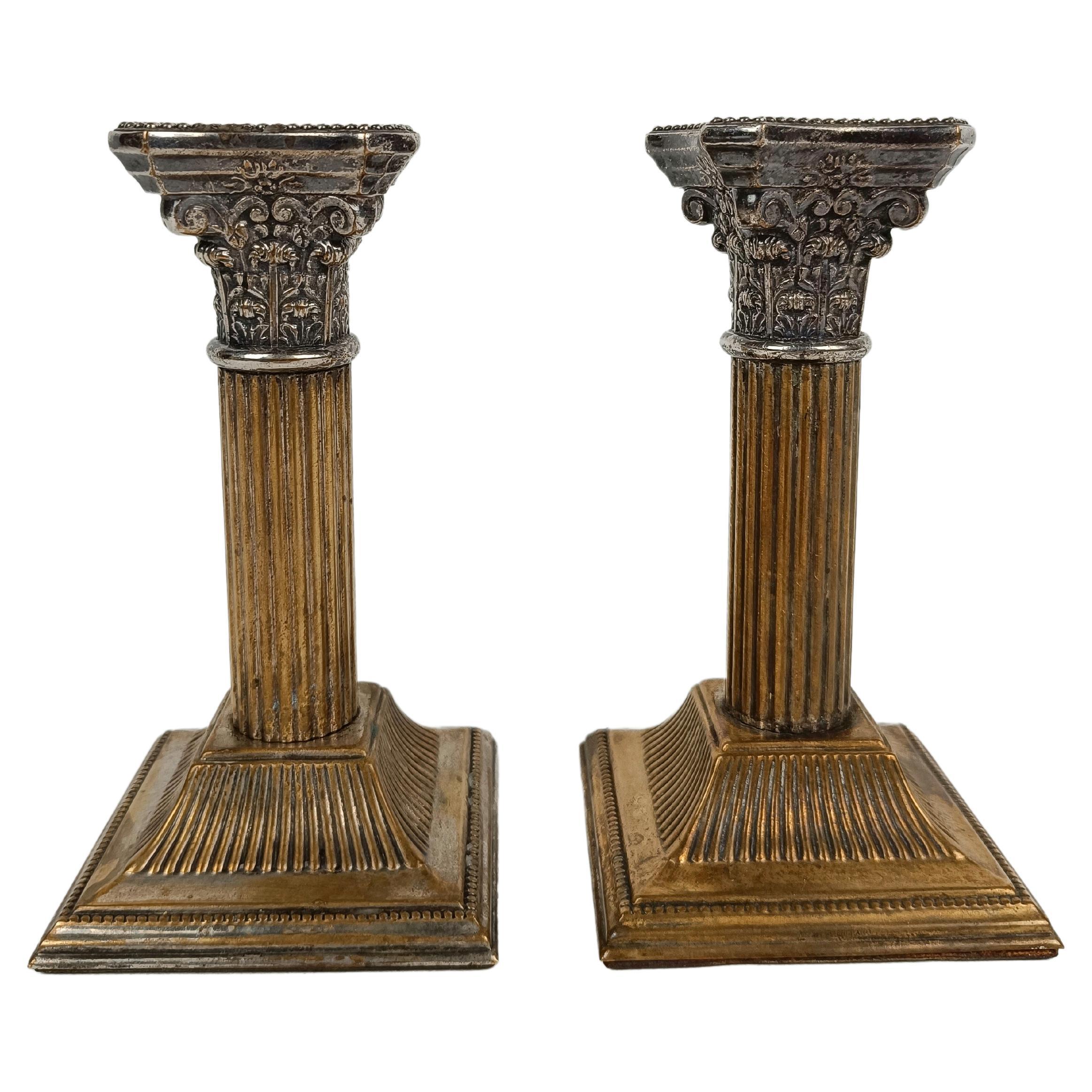 Pair of Antique Corinthian Columns Candlesticks Made in Silver Plated For Sale