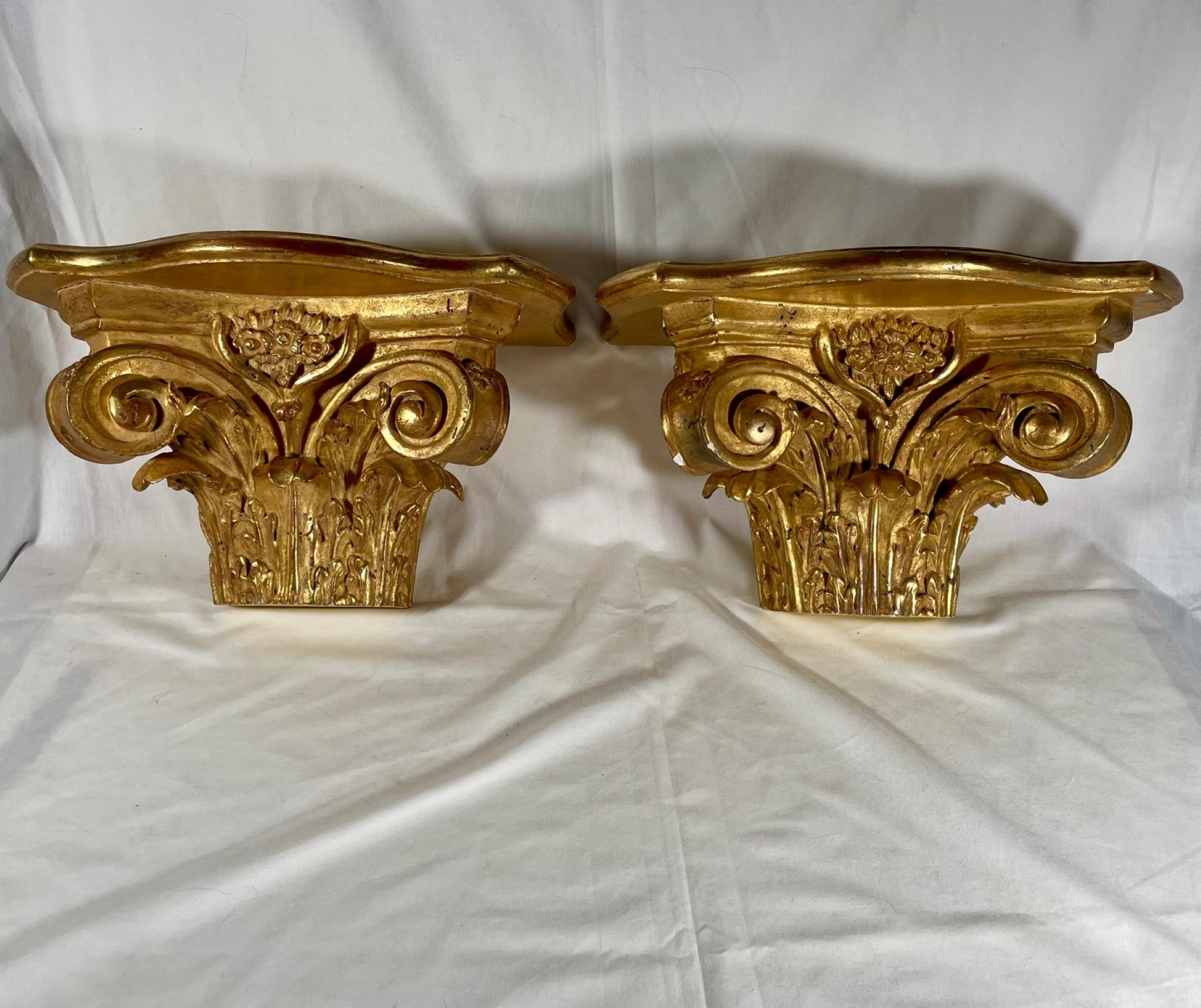 Pair of Antique Corinthian Half Capital Gilded Wood Wall Brackets 3