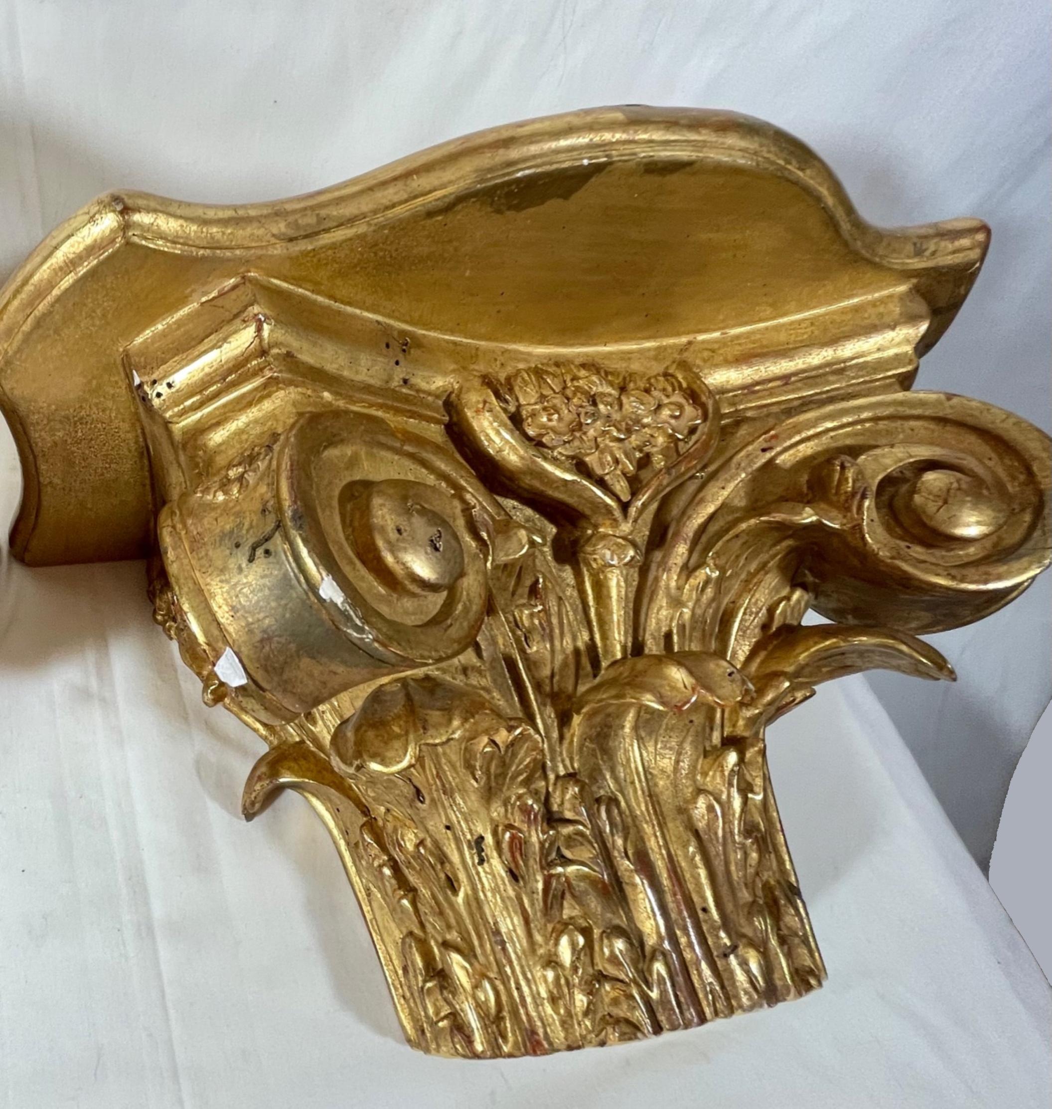 Greek Revival Pair of Antique Corinthian Half Capital Gilded Wood Wall Brackets