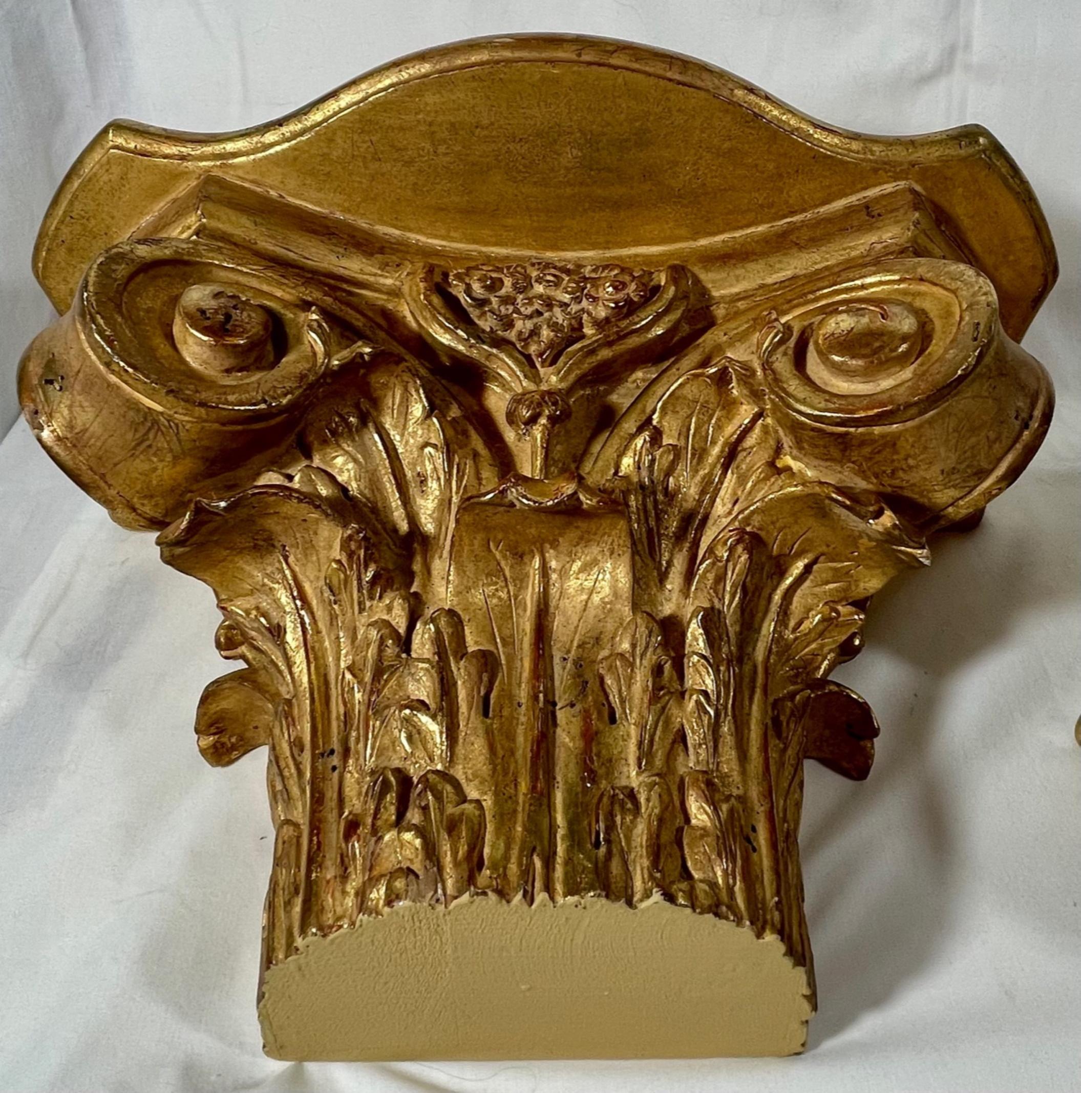 French Pair of Antique Corinthian Half Capital Gilded Wood Wall Brackets