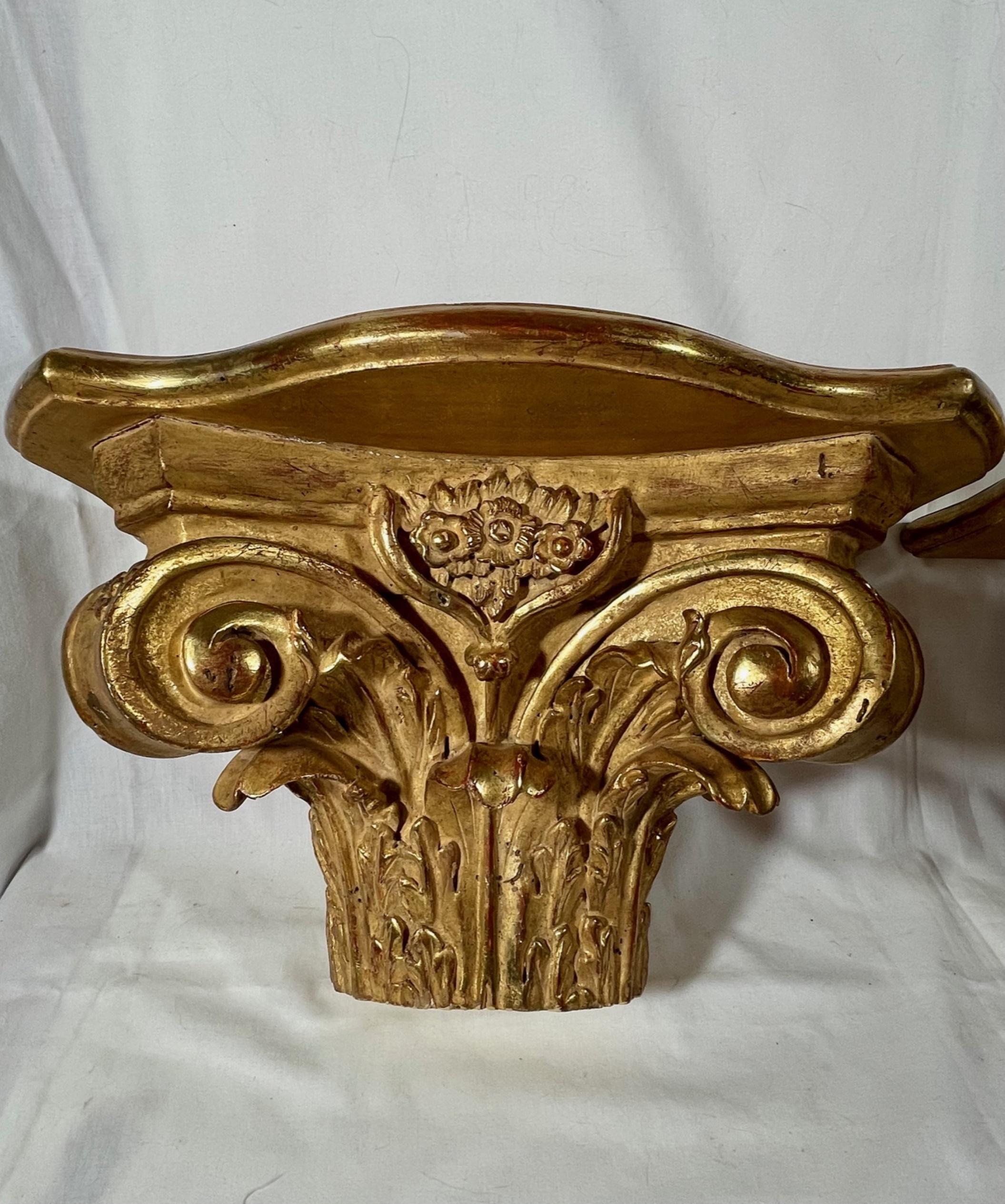 Carved Pair of Antique Corinthian Half Capital Gilded Wood Wall Brackets