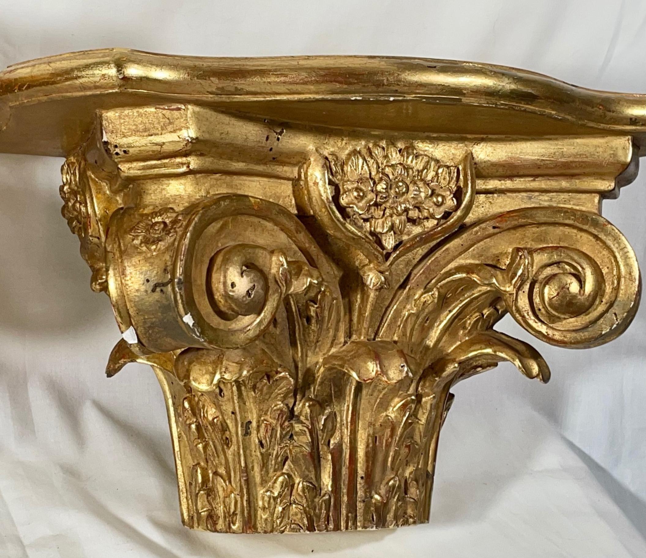 20th Century Pair of Antique Corinthian Half Capital Gilded Wood Wall Brackets