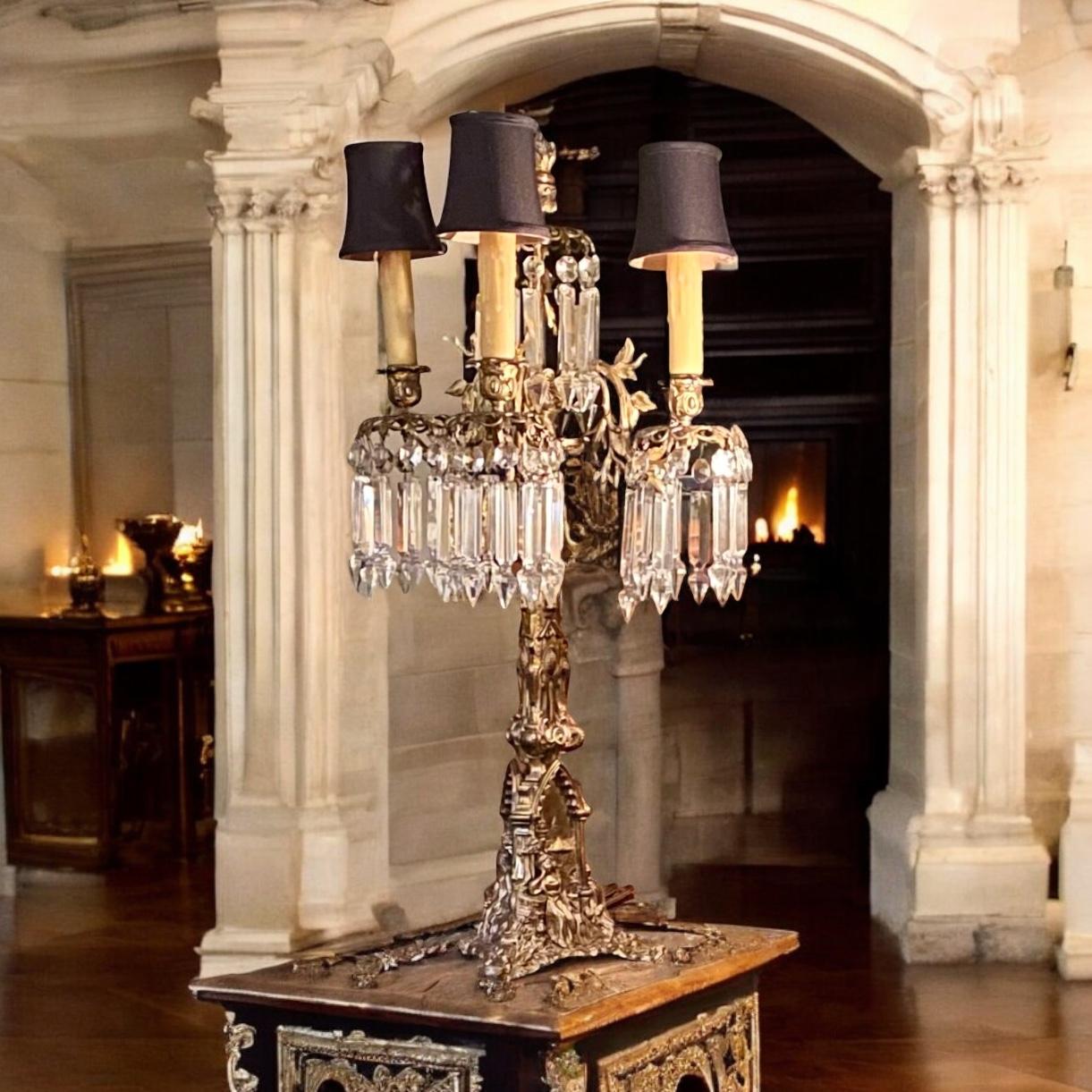 Pair Of Antique Cornelius Gilt Bronze And Crystal Three Arm Candelabra For Sale 6