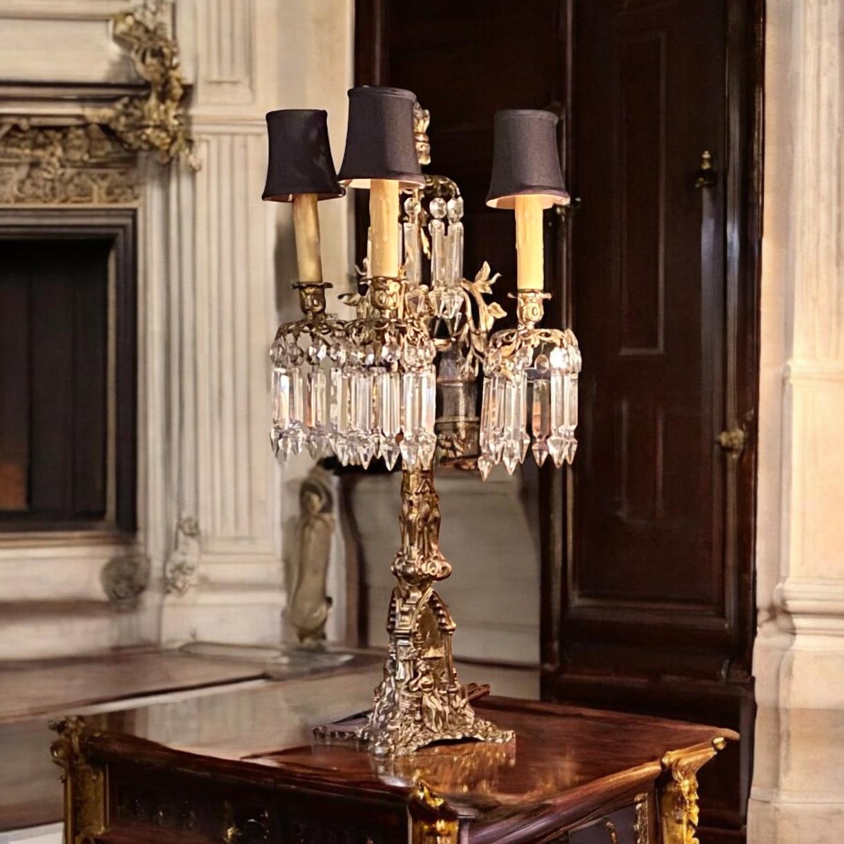 Pair Of Antique Cornelius Gilt Bronze And Crystal Three Arm Candelabra For Sale 11