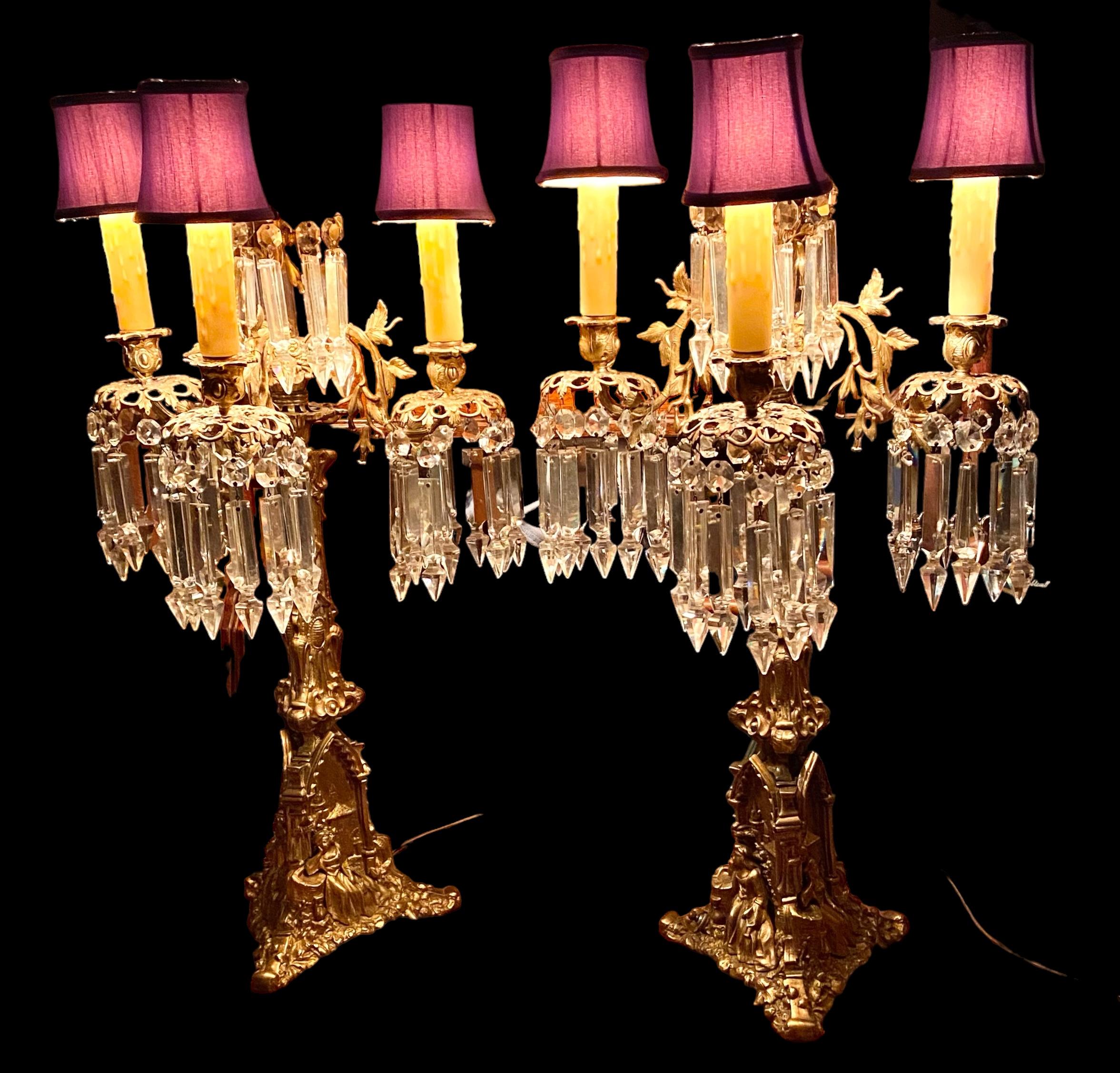 Gothic Pair Of Antique Cornelius Gilt Bronze And Crystal Three Arm Candelabra For Sale