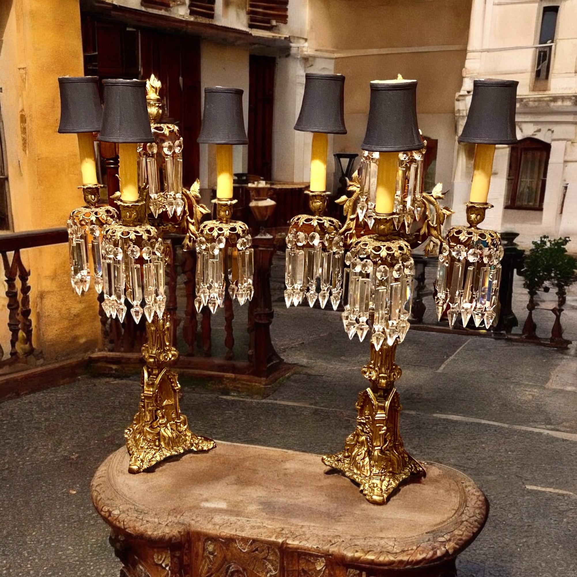 American Pair Of Antique Cornelius Gilt Bronze And Crystal Three Arm Candelabra For Sale
