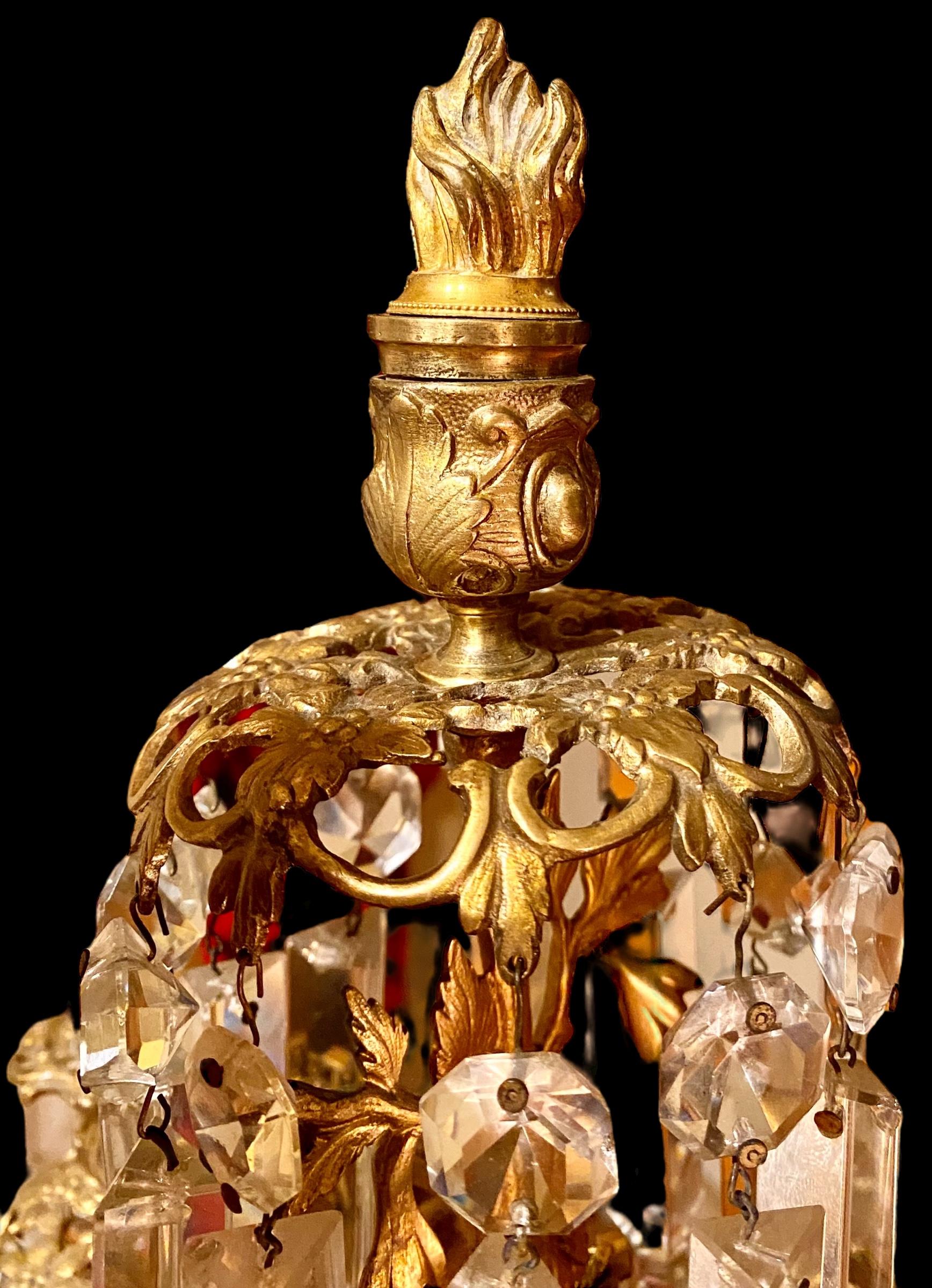 Pair Of Antique Cornelius Gilt Bronze And Crystal Three Arm Candelabra In Good Condition For Sale In New Orleans, LA