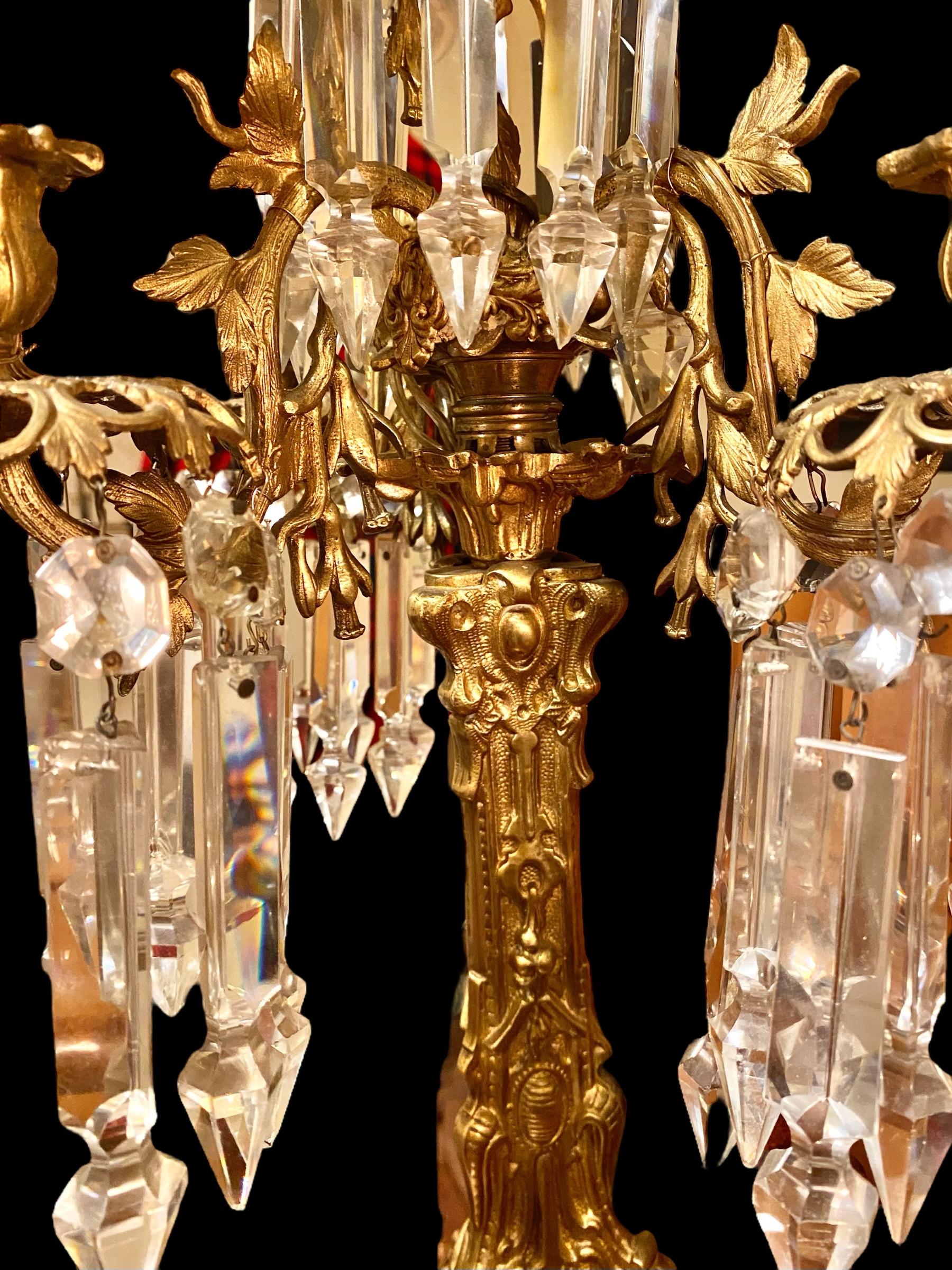 Mid-19th Century Pair Of Antique Cornelius Gilt Bronze And Crystal Three Arm Candelabra For Sale
