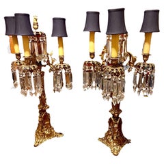 Pair Of Antique Cornelius Gilt Bronze And Crystal Three Arm Candelabra