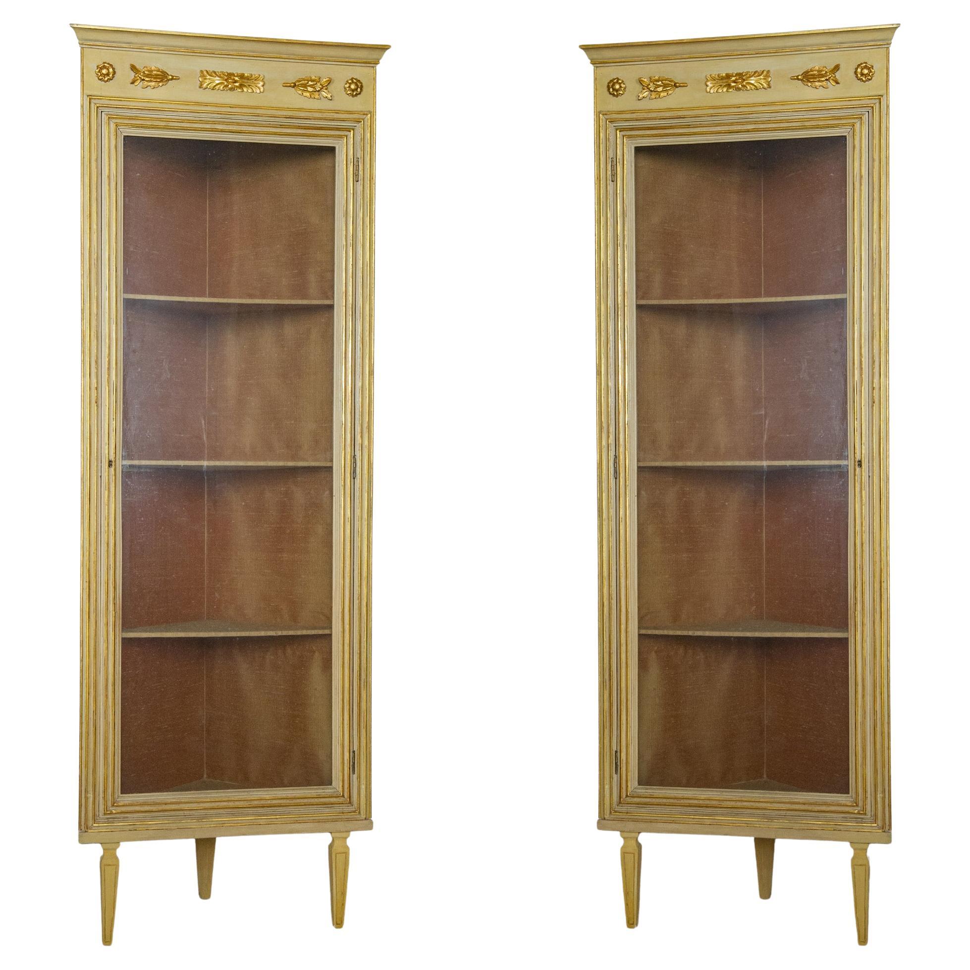 Pair of Antique Corner Lacquered Cabinets with Glass on Doors For Sale