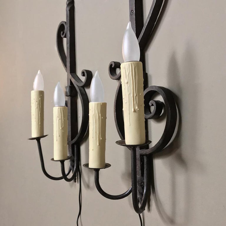 Pair of Antique Country French Provincial Wrought Iron Wall Sconces For