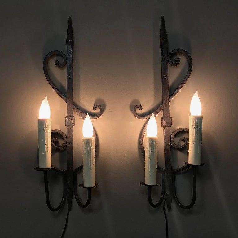 Pair of Antique Country French Provincial Wrought Iron Wall Sconces For Sale at 1stdibs