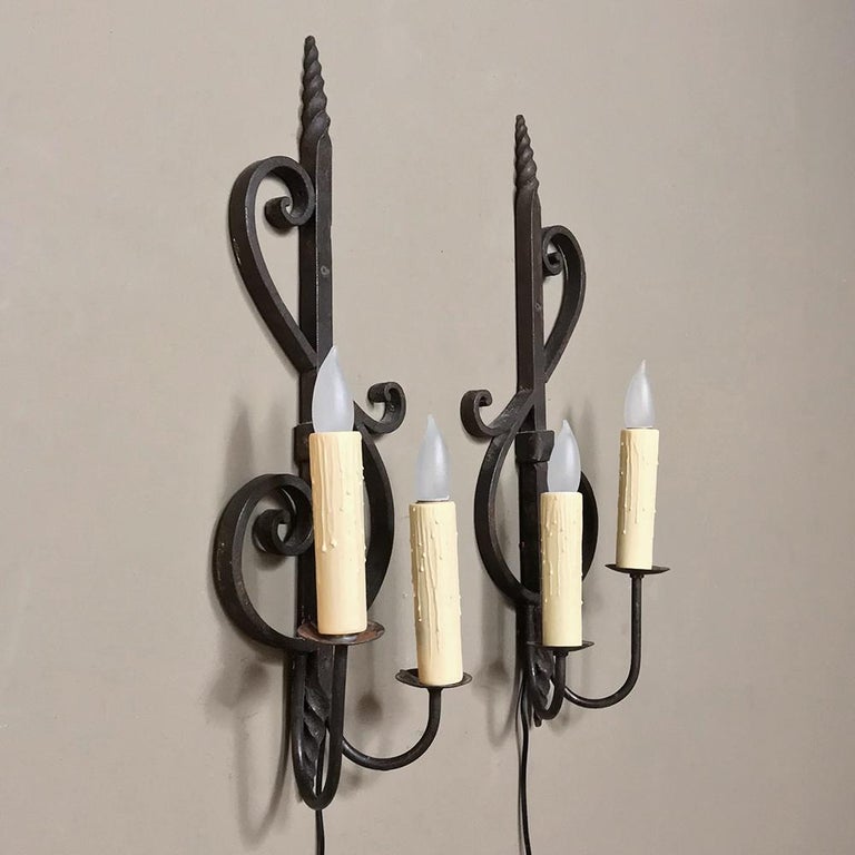 Pair of Antique Country French Provincial Wrought Iron Wall Sconces For Sale at 1stdibs