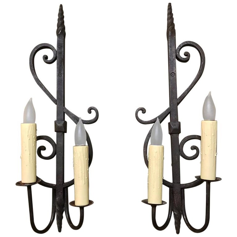 Pair of Antique Country French Provincial Wrought Iron Wall Sconces For