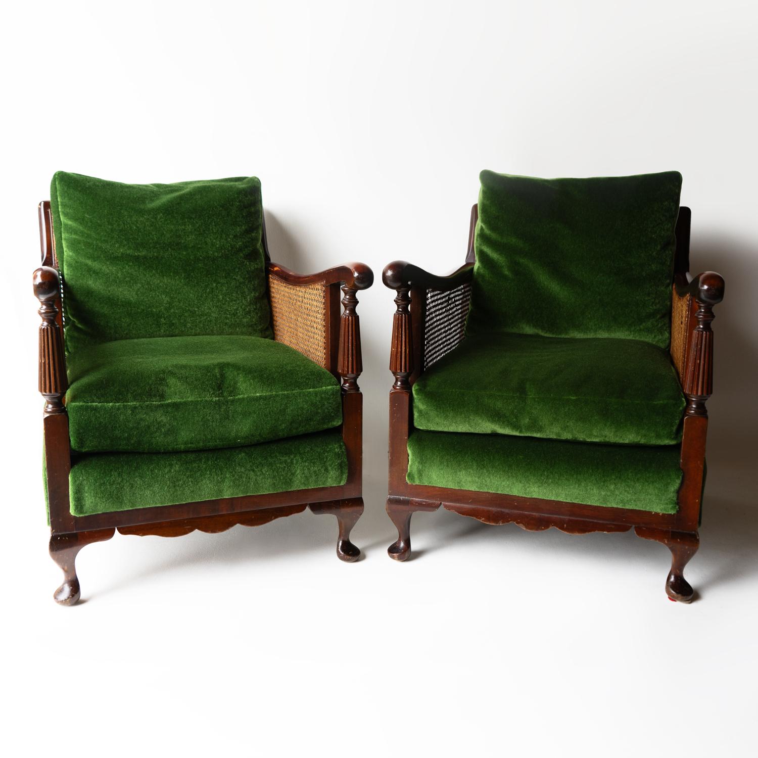Hand-Crafted Pair Of Antique Country House Bergere Armchairs Green Velvet Upholstery, C. 1900