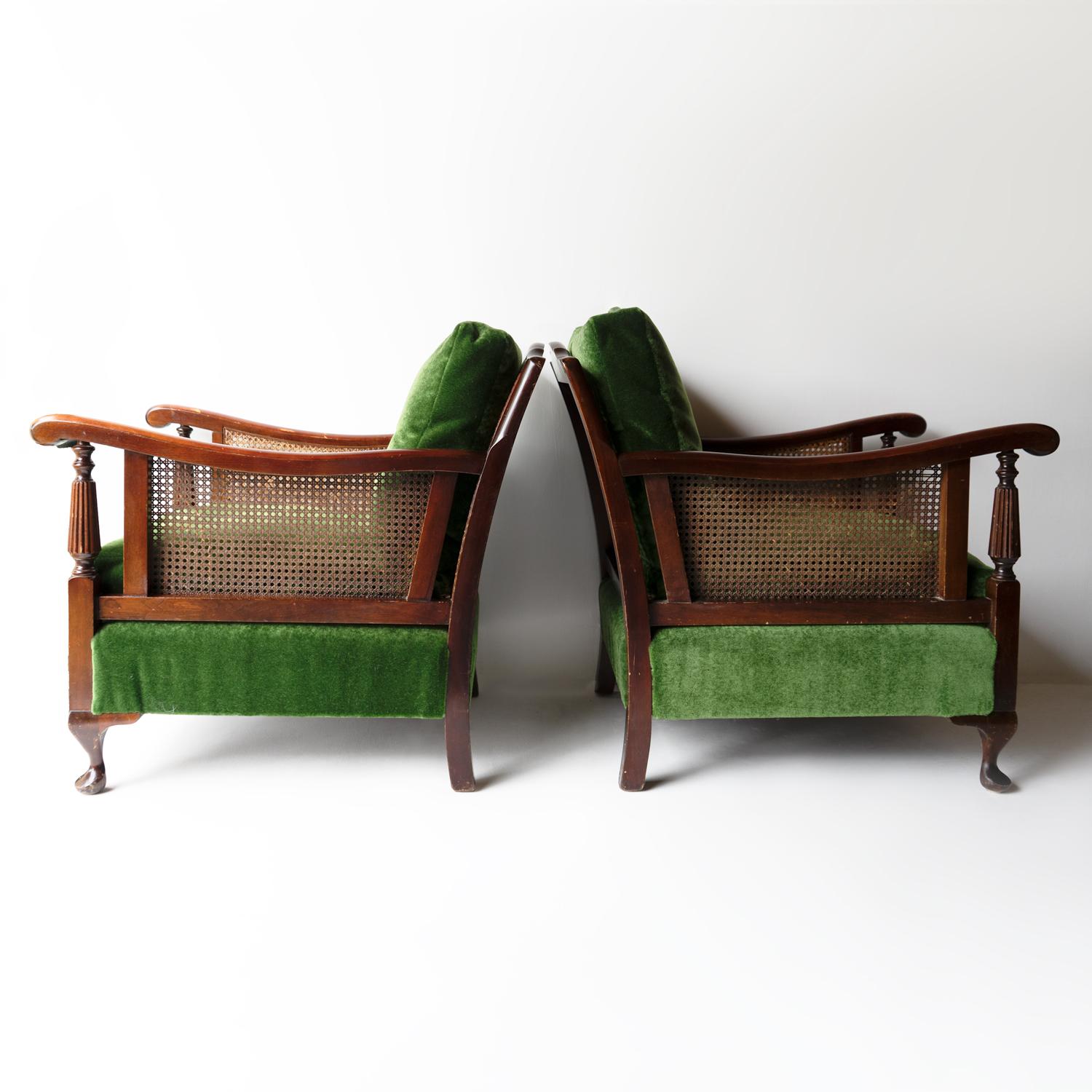 20th Century Pair Of Antique Country House Bergere Armchairs Green Velvet Upholstery, C. 1900
