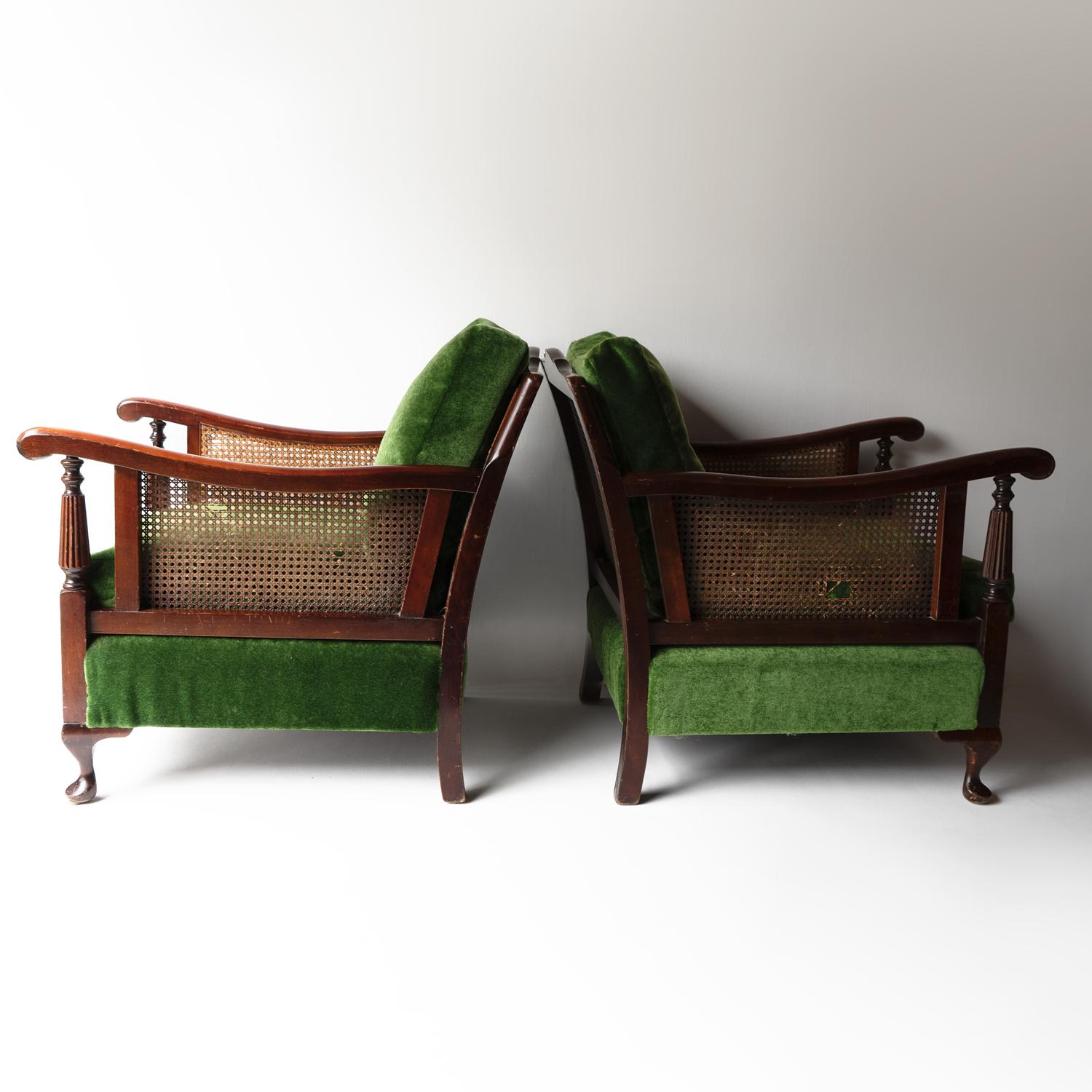 Mohair Pair Of Antique Country House Bergere Armchairs Green Velvet Upholstery, C. 1900