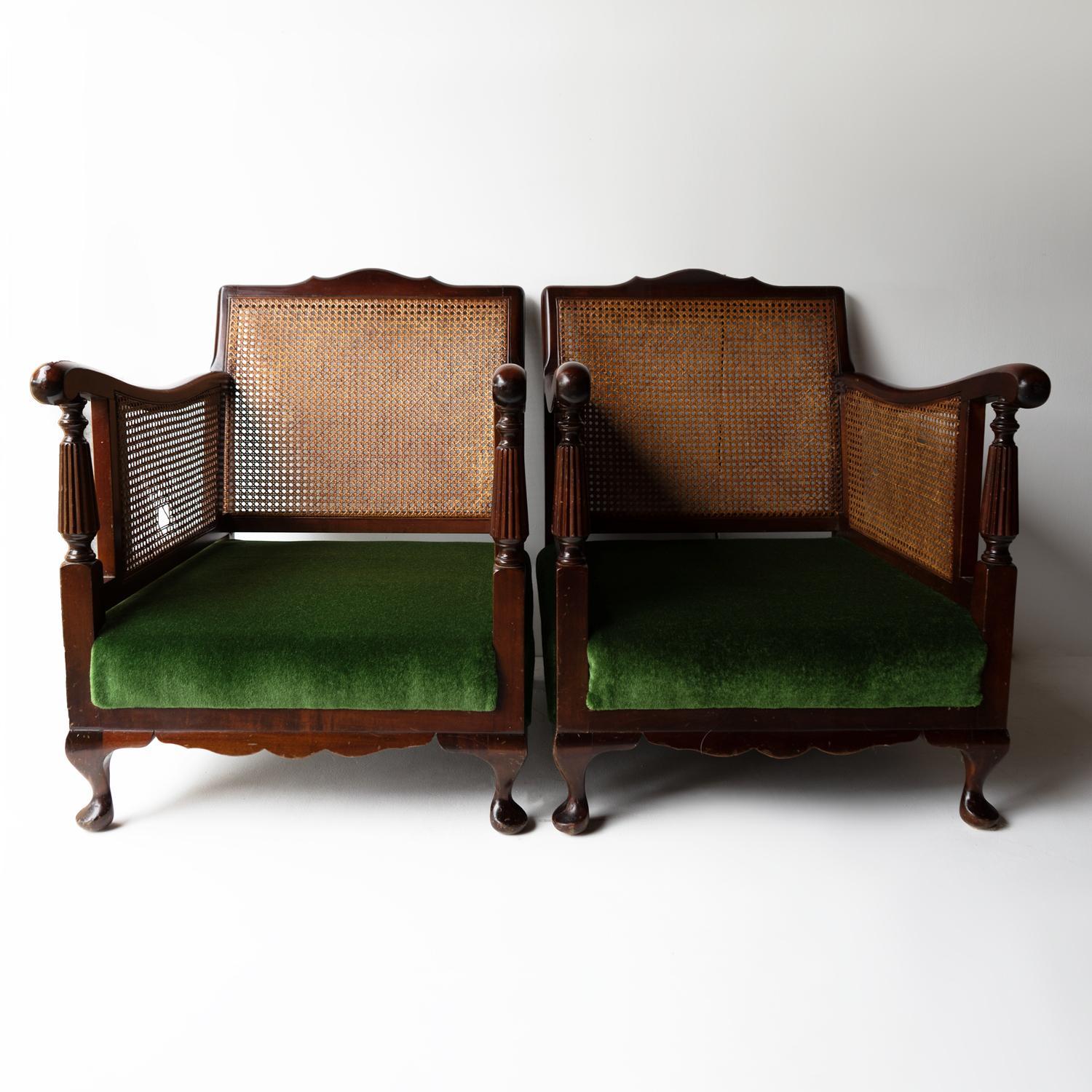 Pair Of Antique Country House Bergere Armchairs Green Velvet Upholstery, C. 1900 1