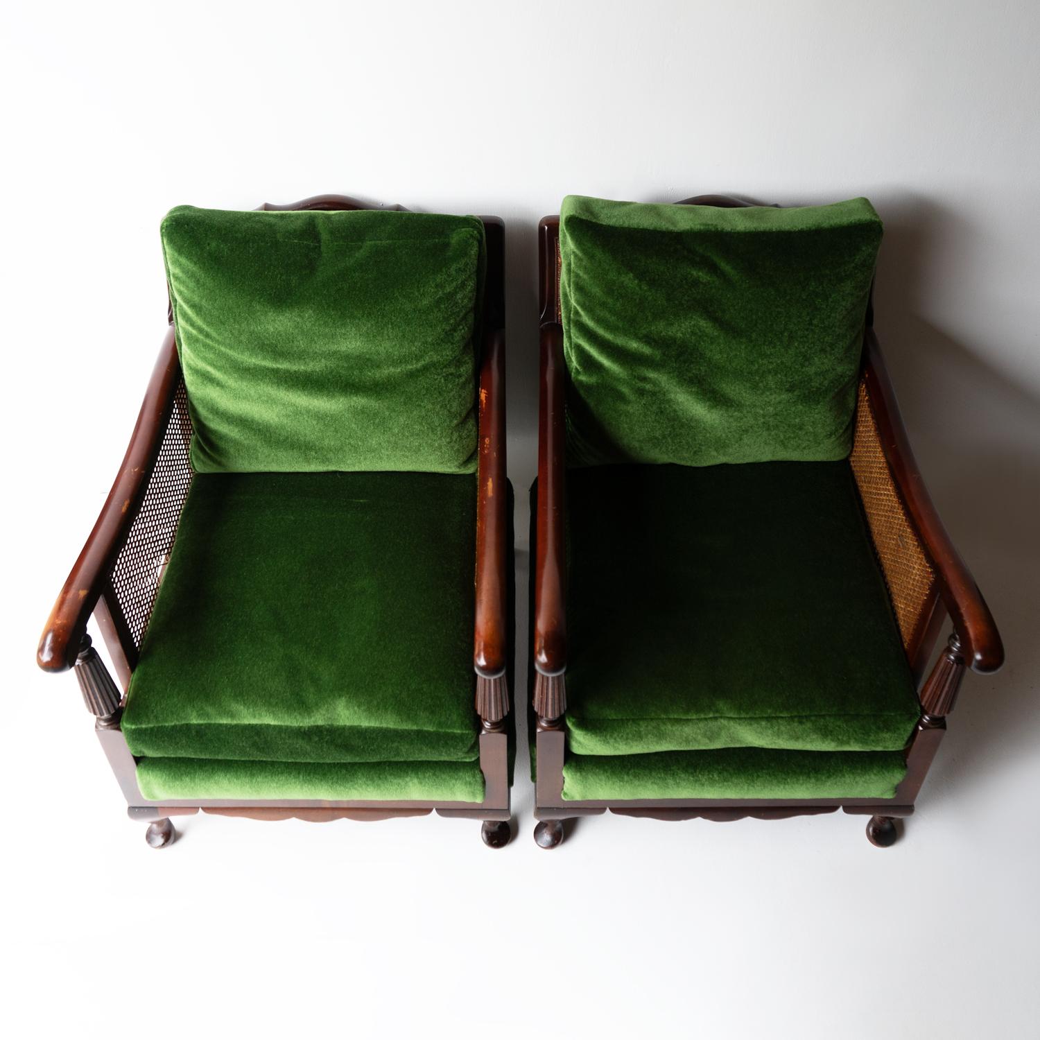 Pair Of Antique Country House Bergere Armchairs Green Velvet Upholstery, C. 1900 2