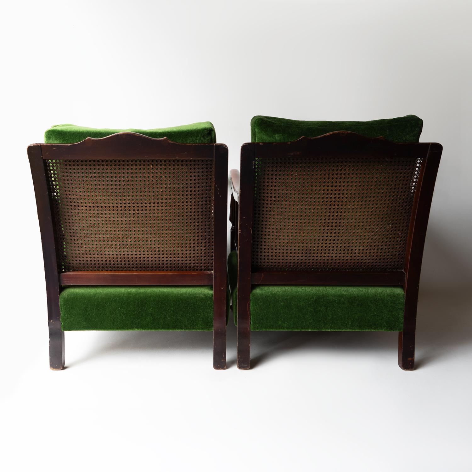 Pair Of Antique Country House Bergere Armchairs Green Velvet Upholstery, C. 1900 3