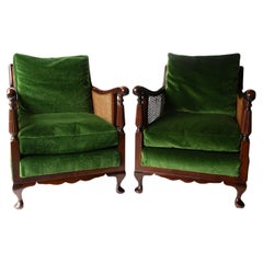 Pair Of Antique Country House Bergere Armchairs Green Velvet Upholstery, C. 1900