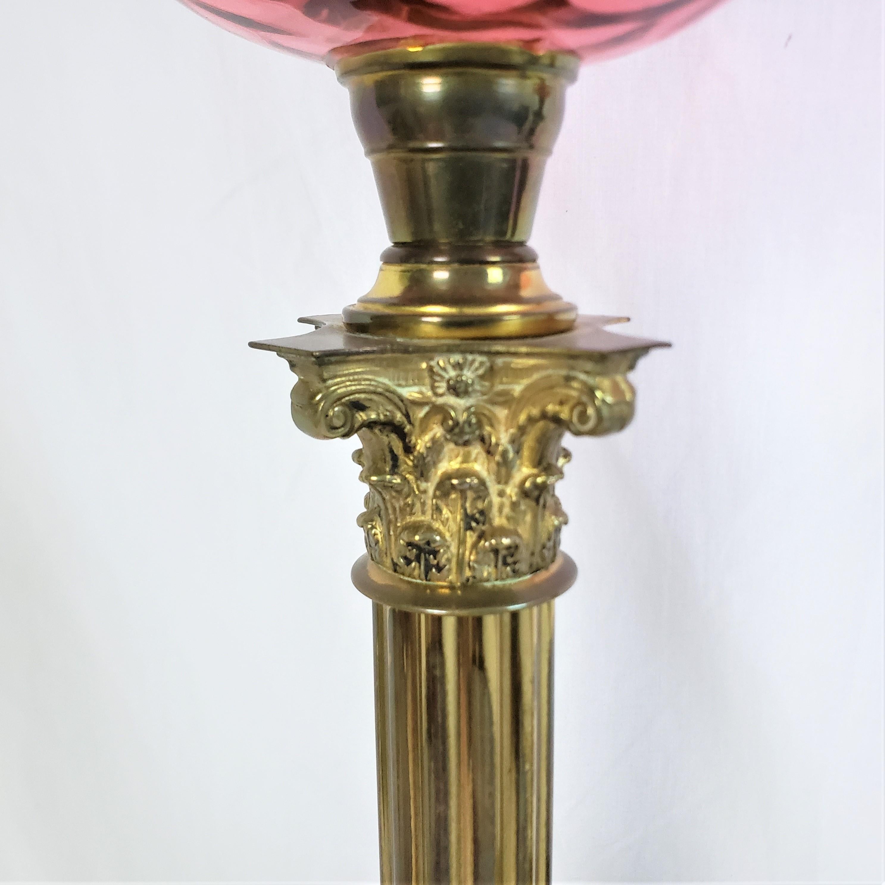 Pair of Antique Cranberry & Brass Corinthian Column Banquet or Parlor Oil Lamps For Sale 4