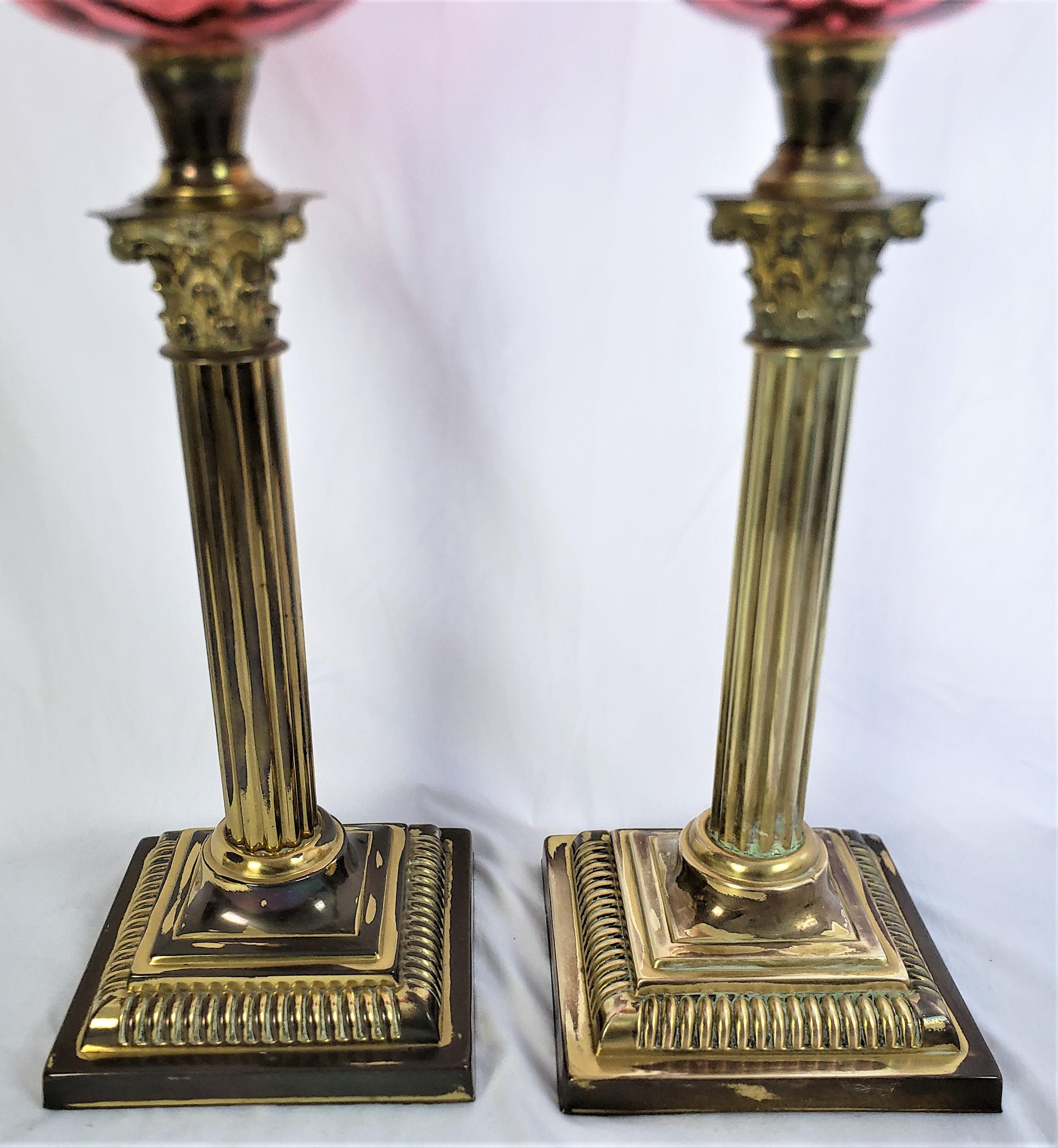 Pair of Antique Cranberry & Brass Corinthian Column Banquet or Parlor Oil Lamps For Sale 5