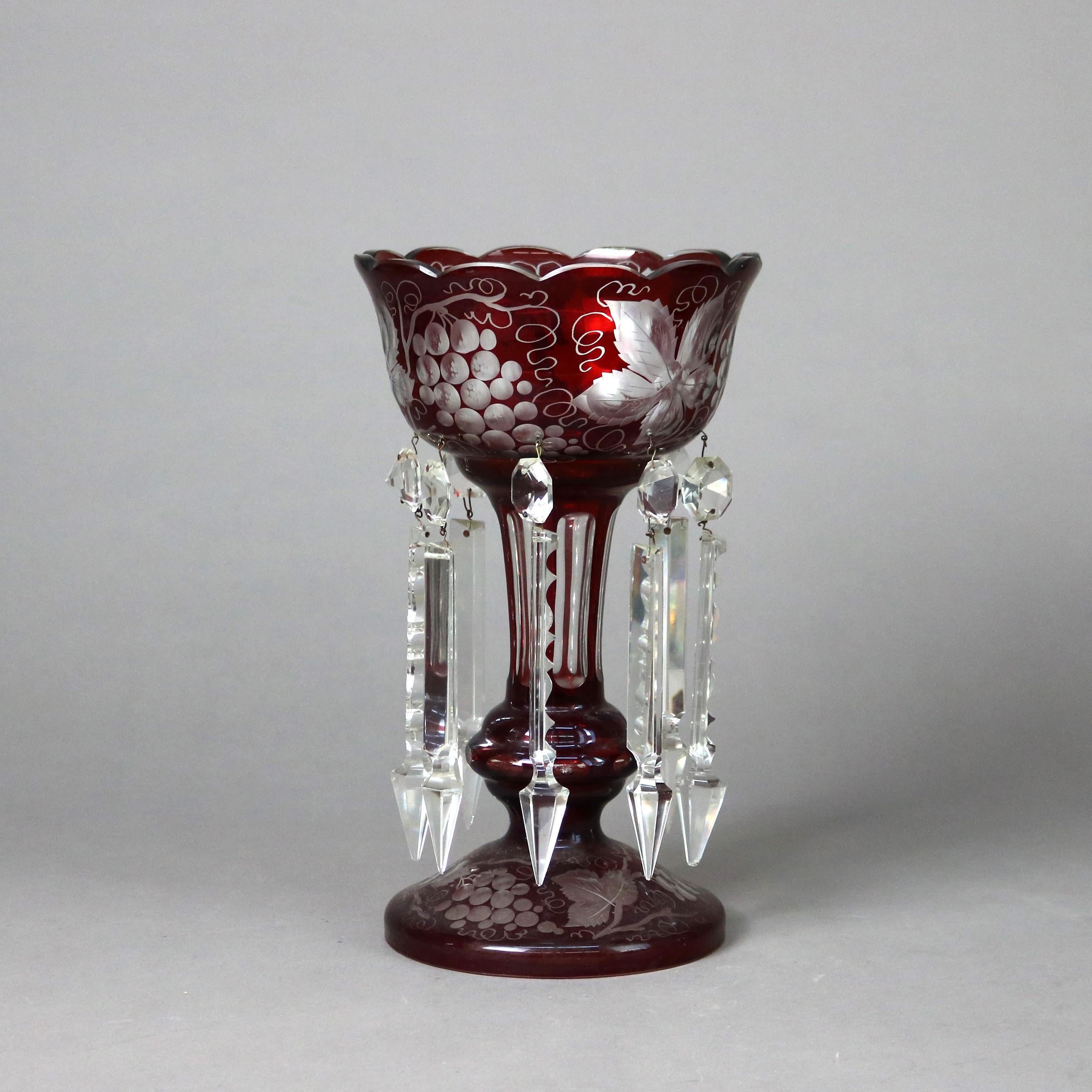 Pair of Antique Cranberry Cut to Clear Lusters with Grape & Leaf Pattern and Hanging Crystals C1890

Measures- 12.25
