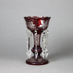 Pair of Antique Cranberry Cut to Clear Lusters with Grape & Leaf Pattern C1890