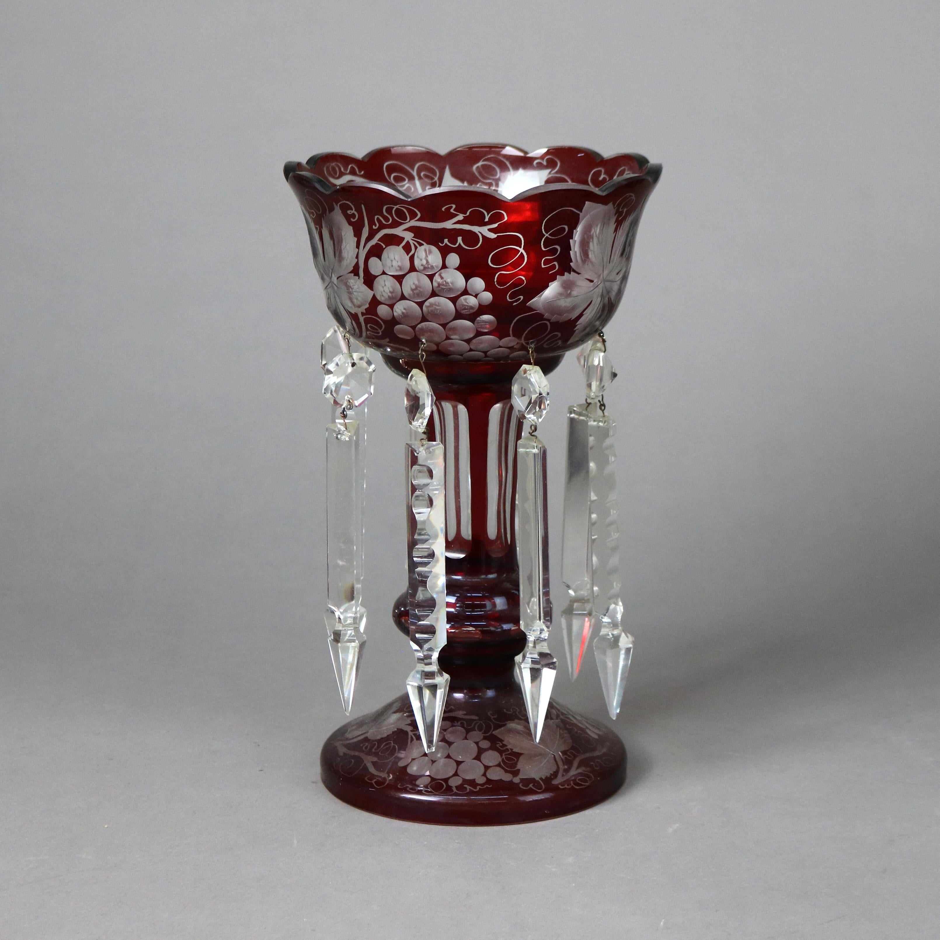 Pair of Antique Cranberry Cut to Clear Lusters with Grape & Leaf Pattern C1890 In Good Condition In Big Flats, NY