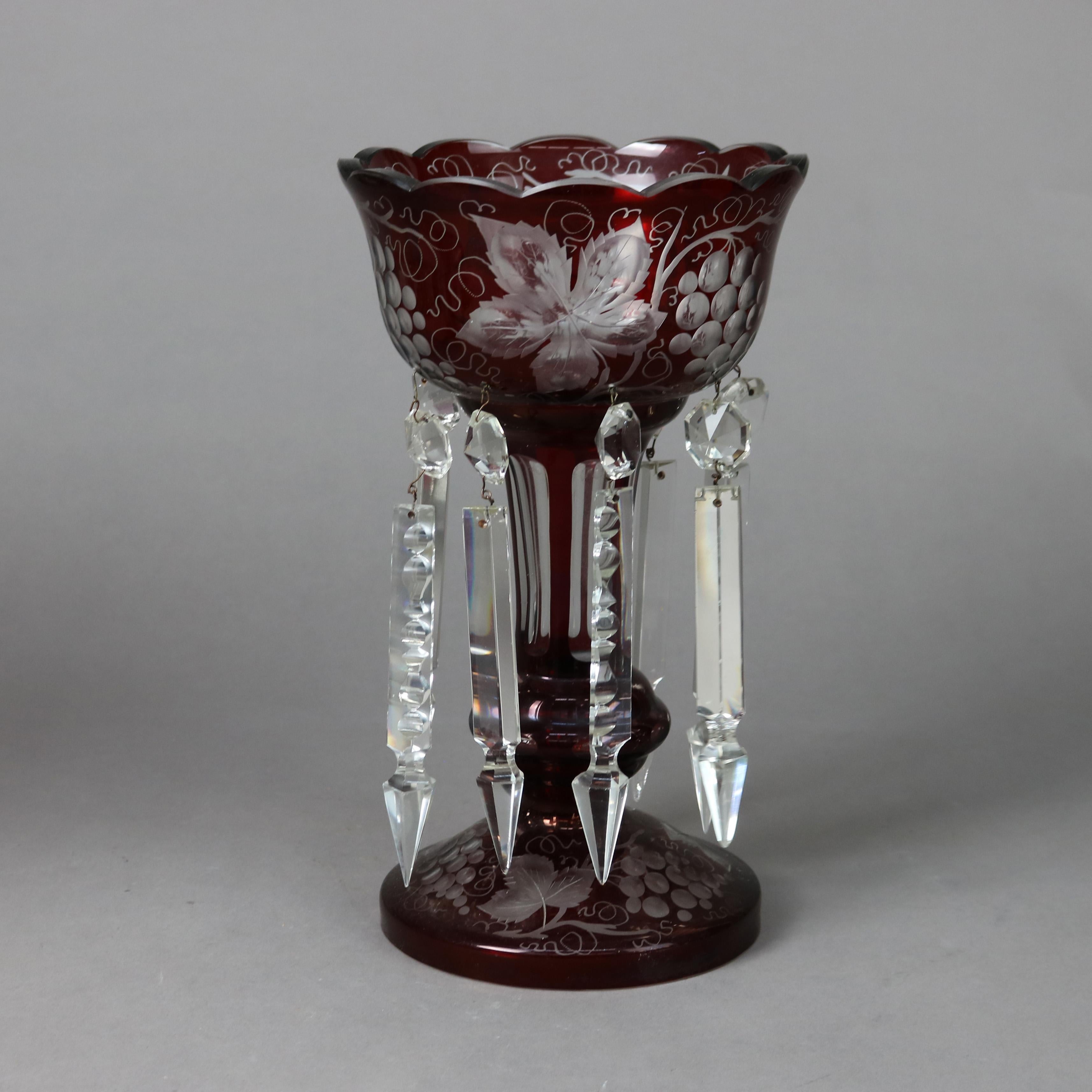 19th Century Pair of Antique Cranberry Cut to Clear Lusters with Grape & Leaf Pattern C1890