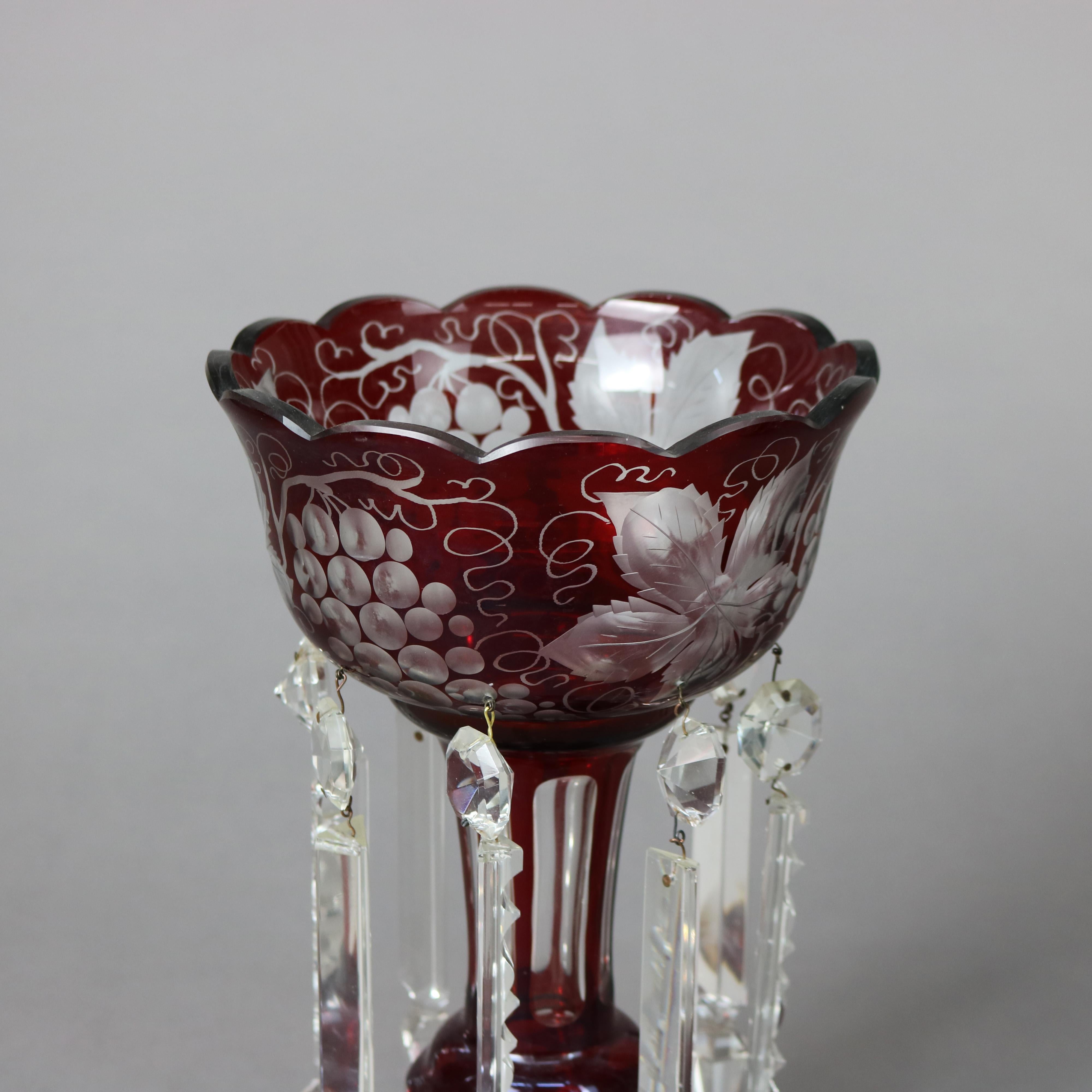 Glass Pair of Antique Cranberry Cut to Clear Lusters with Grape & Leaf Pattern C1890