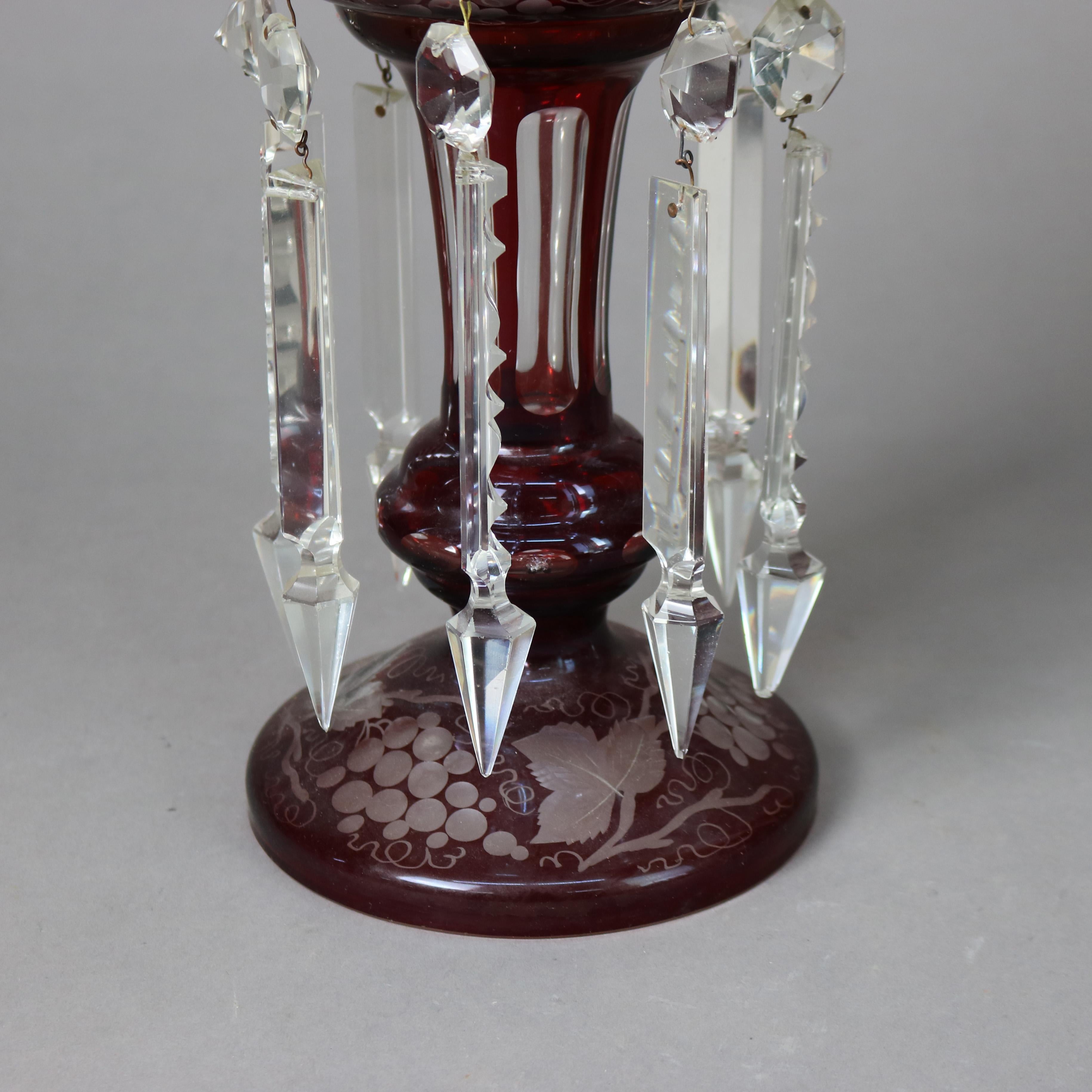 Pair of Antique Cranberry Cut to Clear Lusters with Grape & Leaf Pattern C1890 1