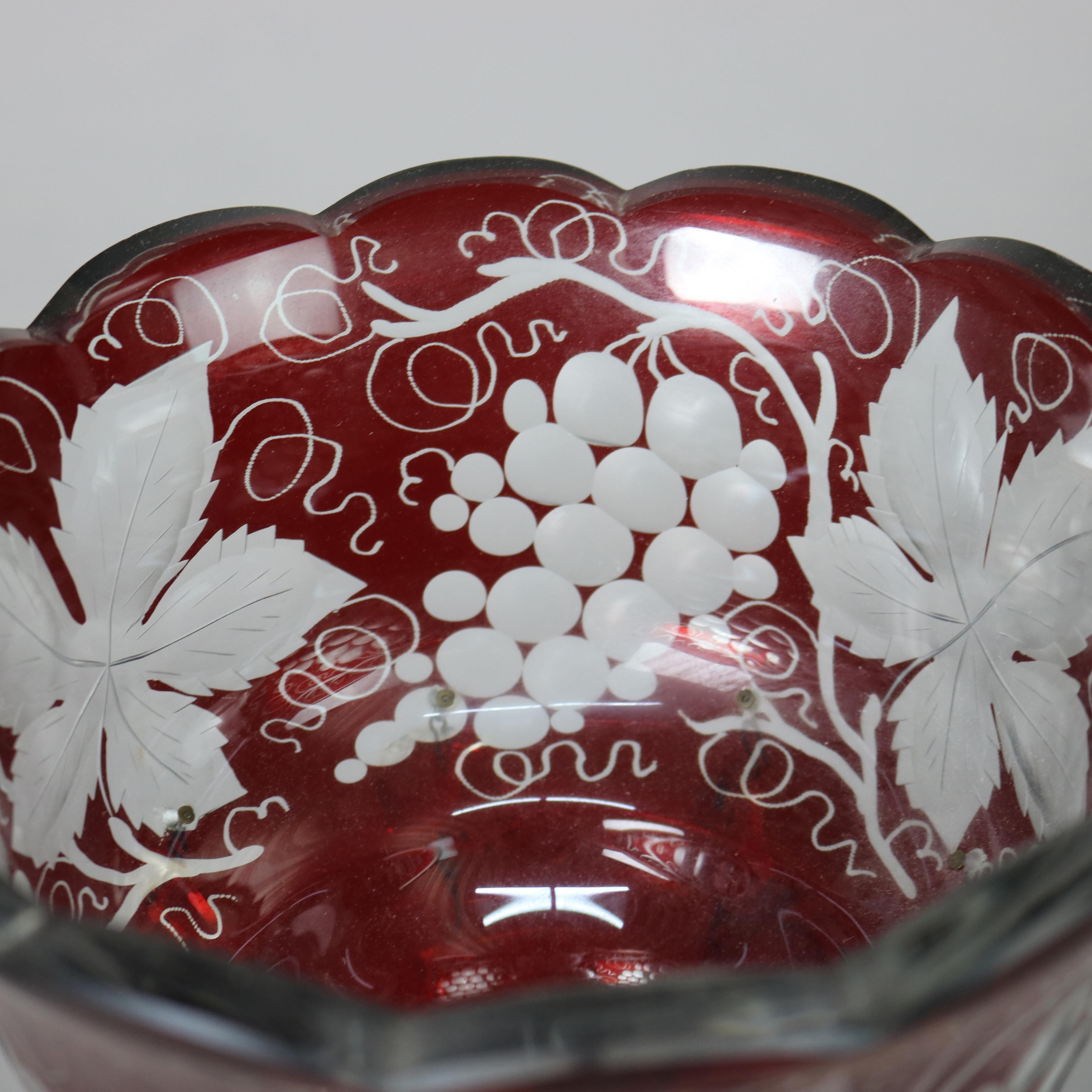 Pair of Antique Cranberry Cut to Clear Lusters with Grape & Leaf Pattern C1890 2