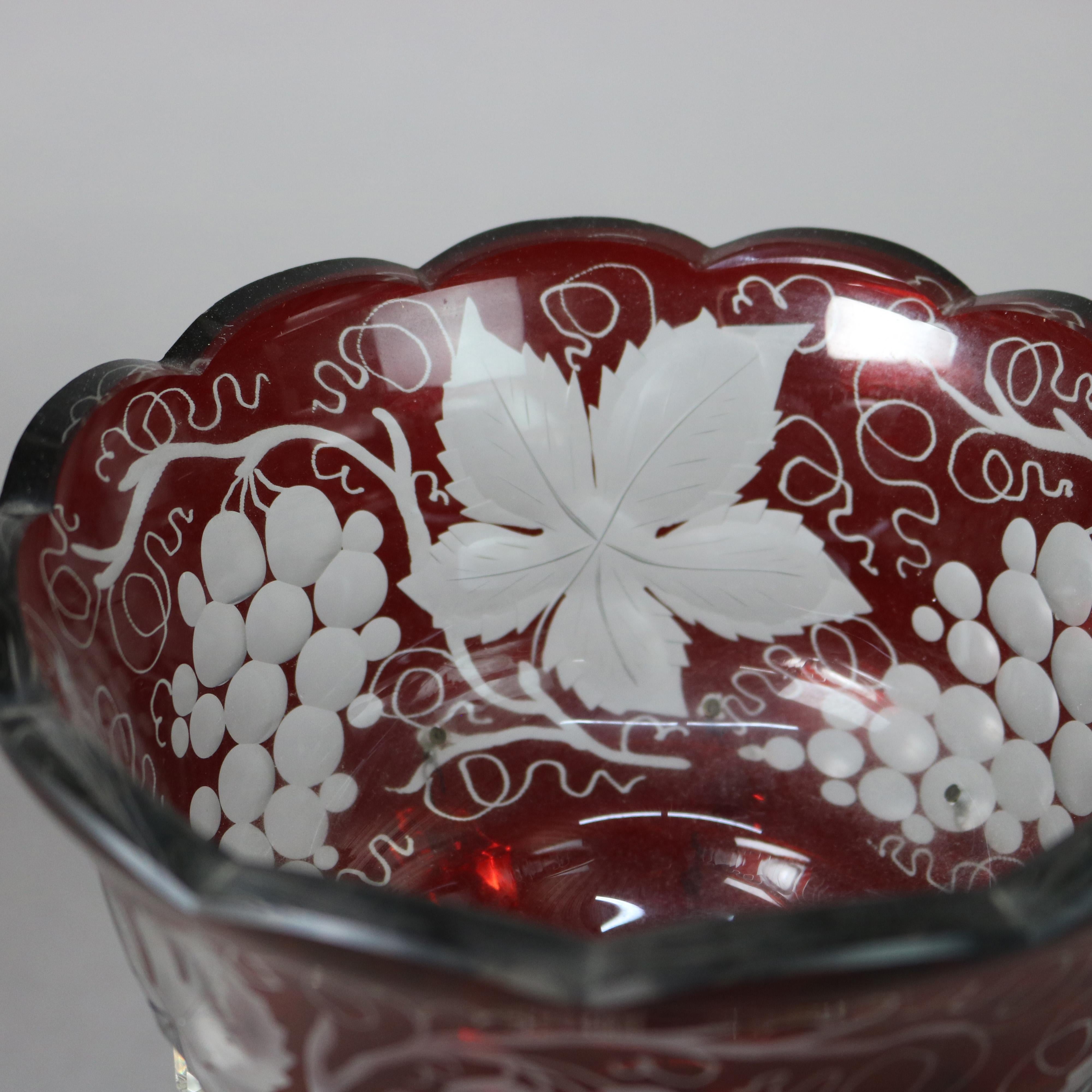 Pair of Antique Cranberry Cut to Clear Lusters with Grape & Leaf Pattern C1890 3