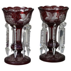 Pair of Antique Cranberry Cut to Clear Lusters with Grape & Leaf Pattern C1890