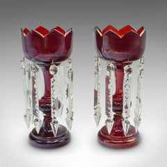 Pair Of Antique Cranberry Lustres, English, Glass, Candle Lamp, Victorian, 1900