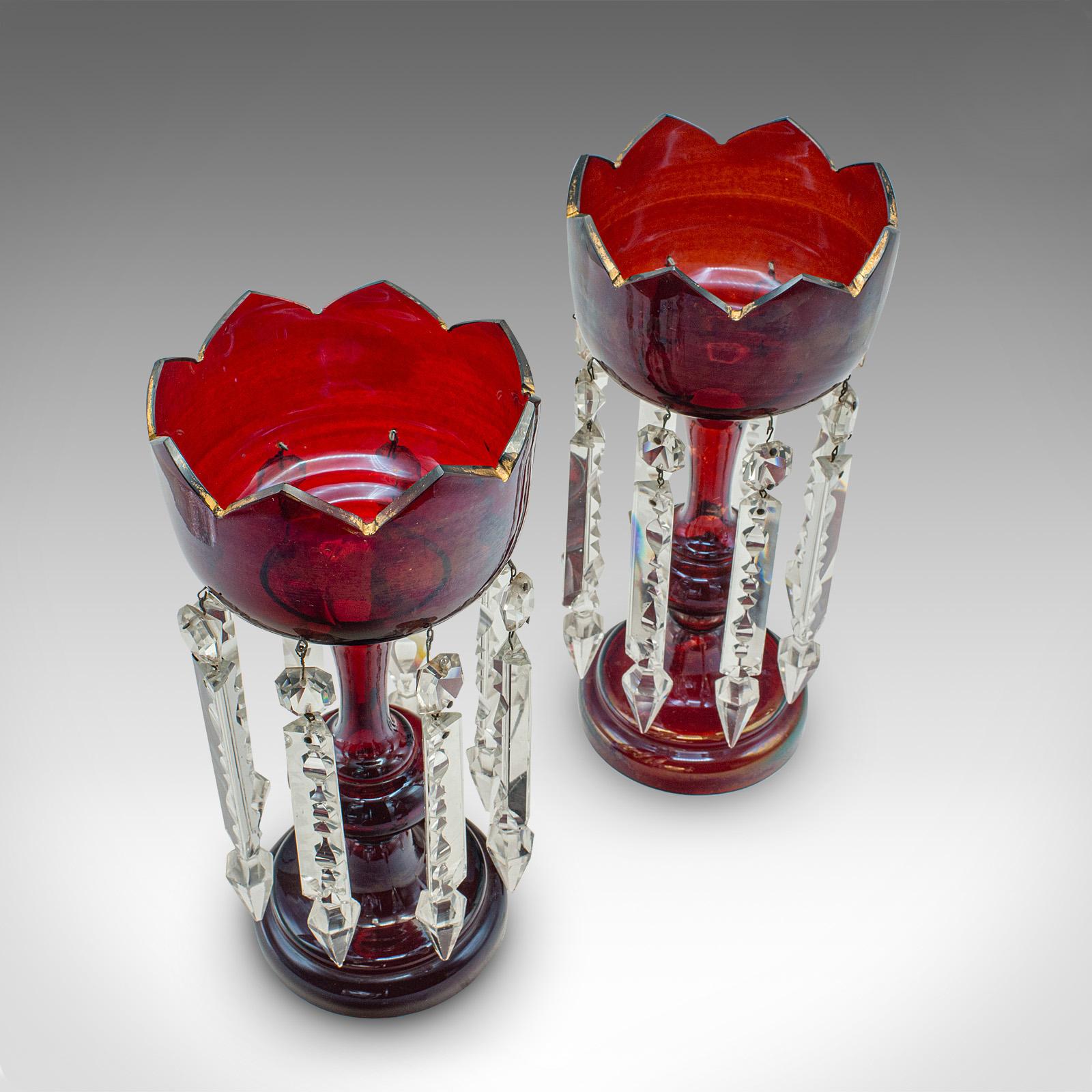 Paar antike Preiselbeerlüster, englisch, Glas, Kerzenlampe, viktorianisch, 1900 im Angebot 1