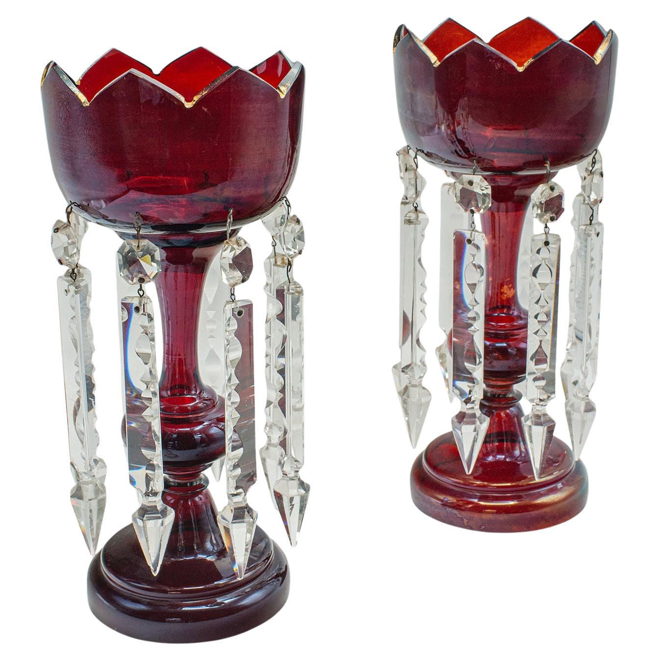 Pair Of Antique Cranberry Lustres, English, Glass, Candle Lamp, Victorian, 1900