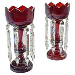 Pair Of Antique Cranberry Lustres, English, Glass, Candle Lamp, Victorian, 1900