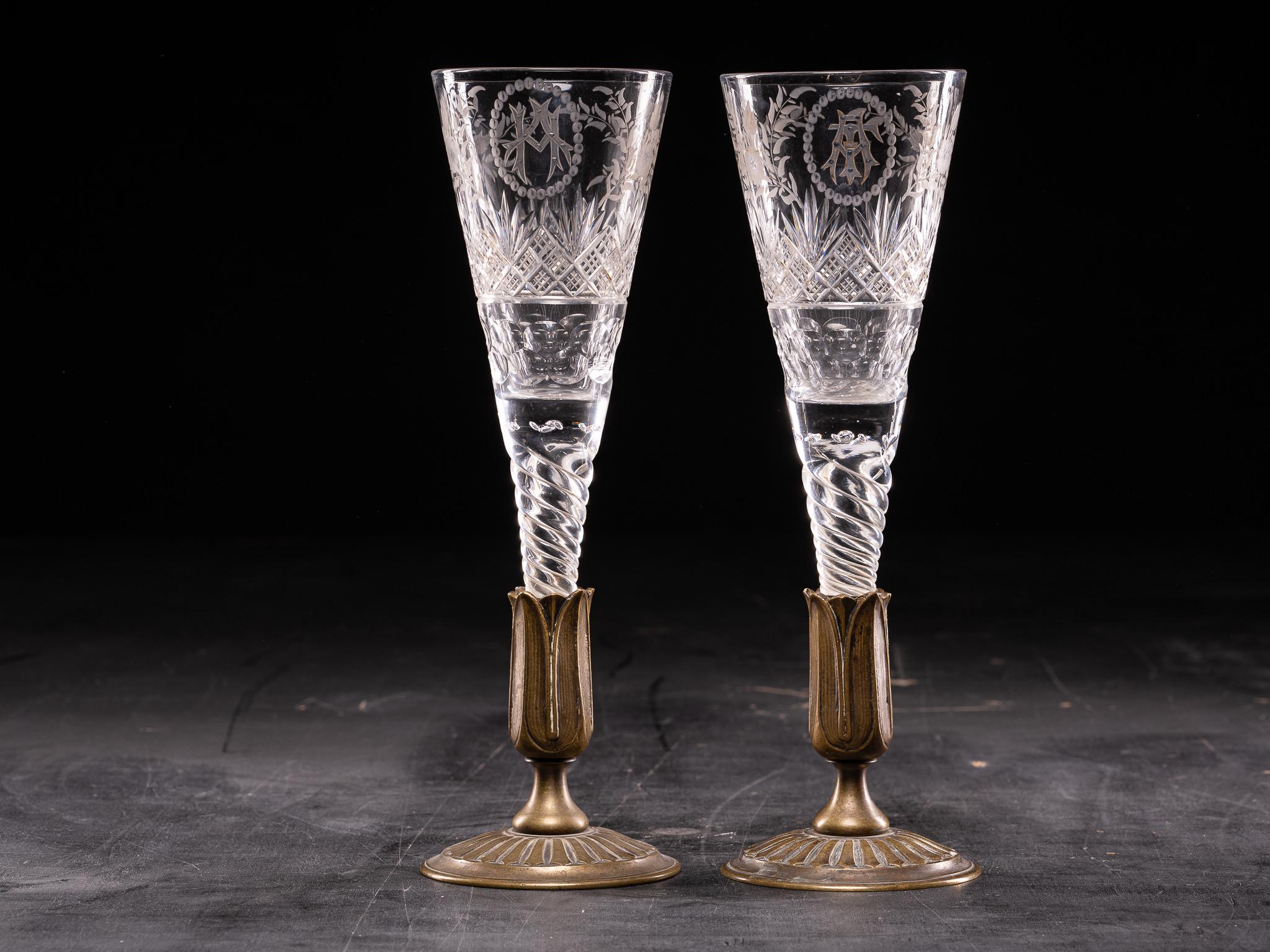 Beautiful pair of antique Cristal Wedding glasses on bronze stem.