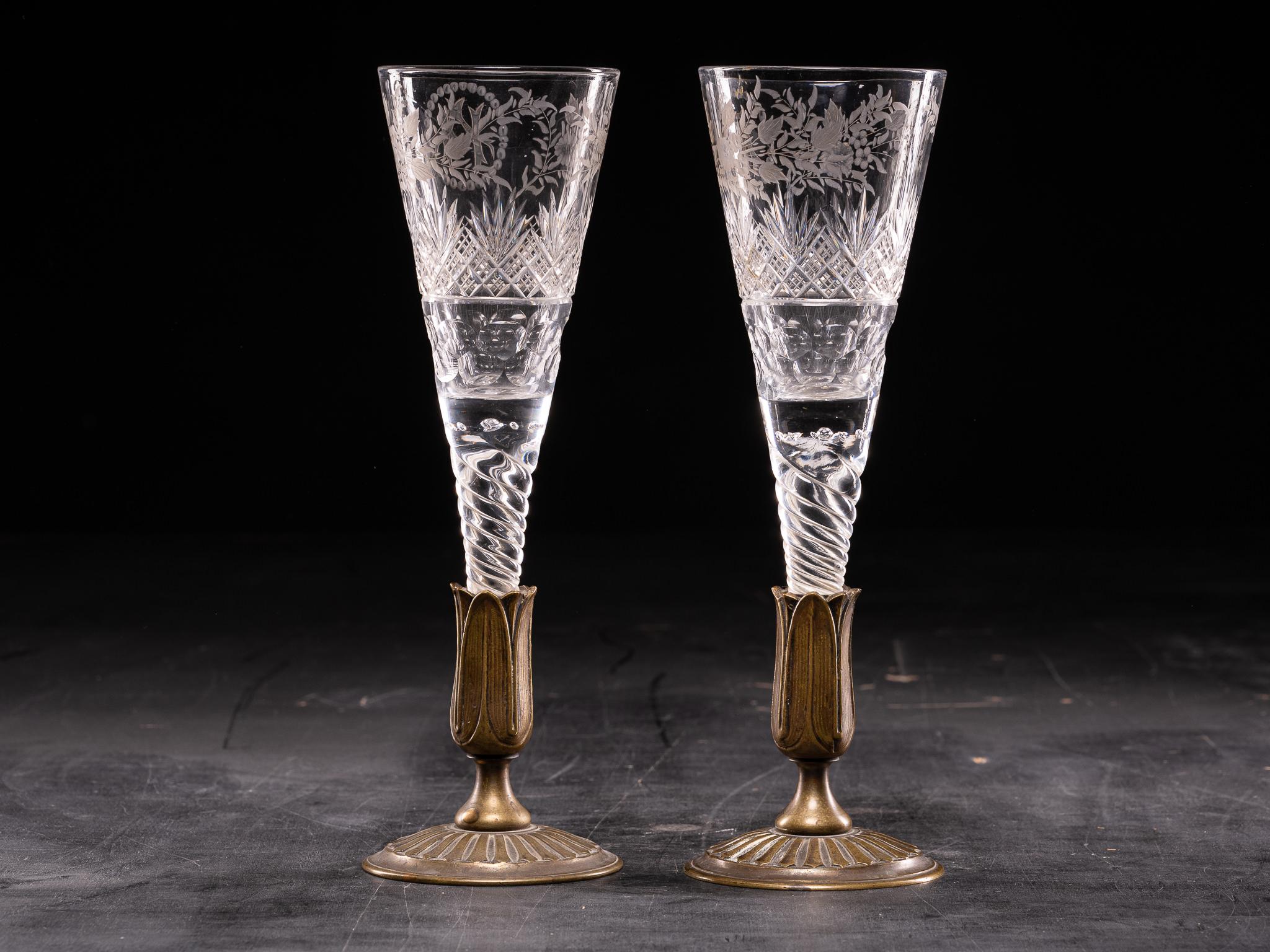 European Pair of Antique Cristal Wedding Glasses on Bronze Stem For Sale