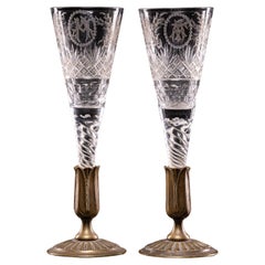 Pair of Antique Cristal Wedding Glasses on Bronze Stem