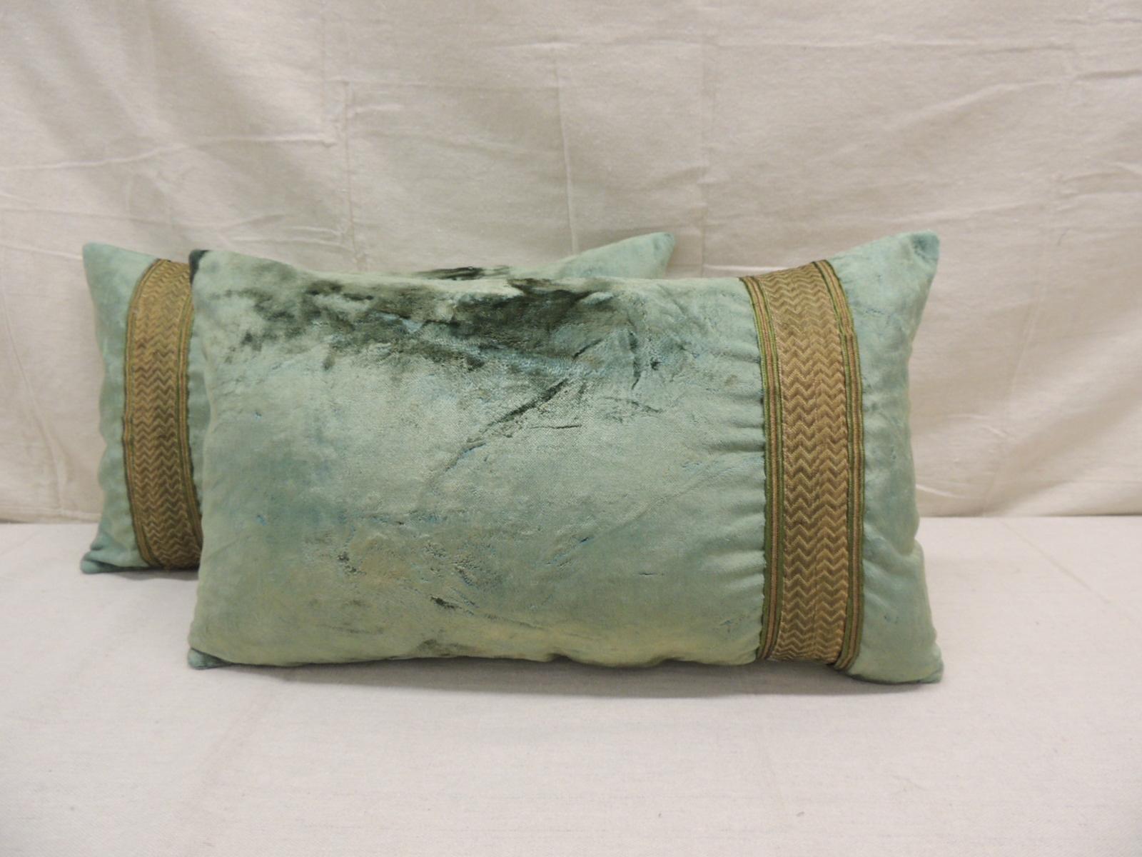 Hand-Crafted Pair of Antique Crushed Velvet Green and Gold Lumbar Decorative Pillows