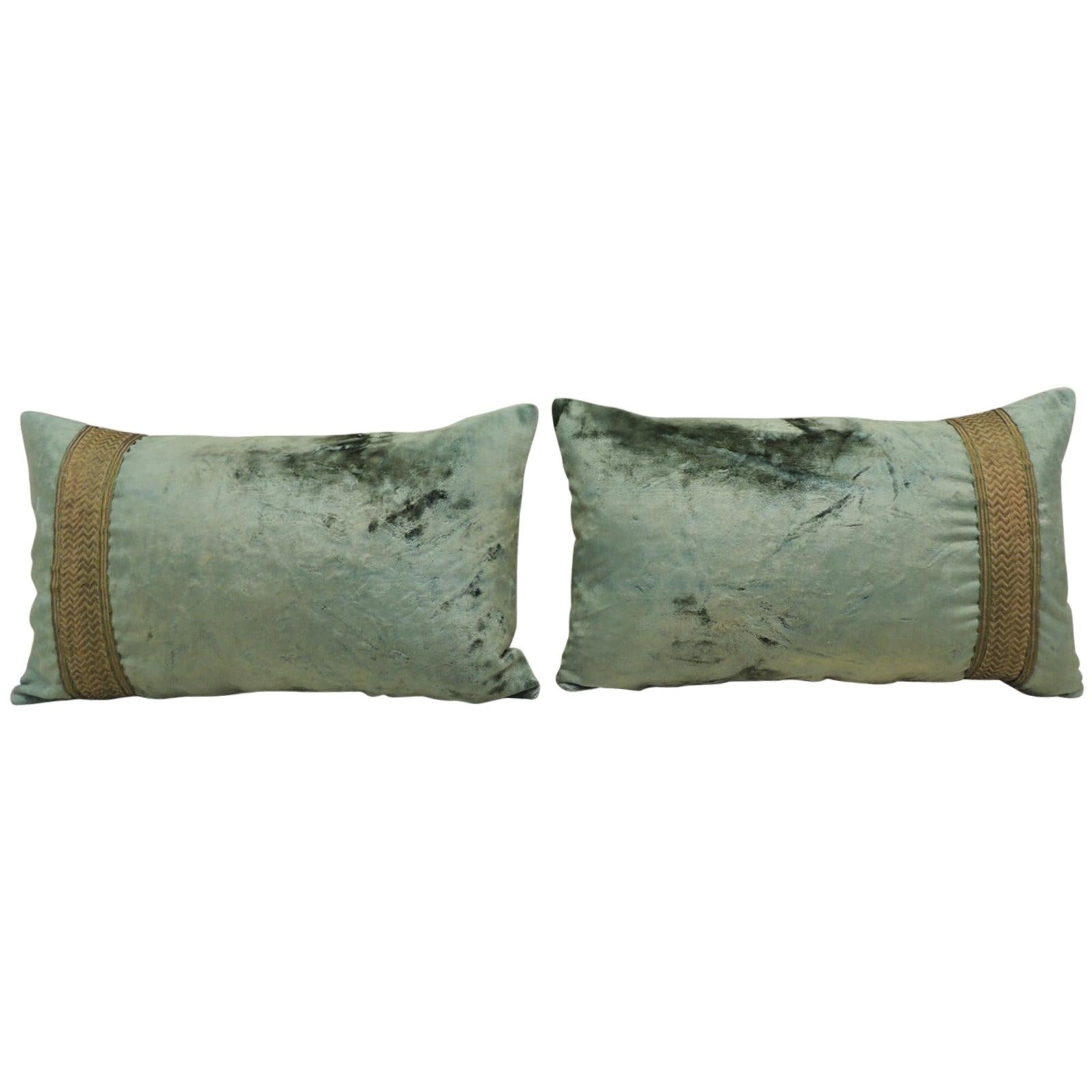 Pair of Antique Crushed Velvet Green and Gold Lumbar Decorative Pillows