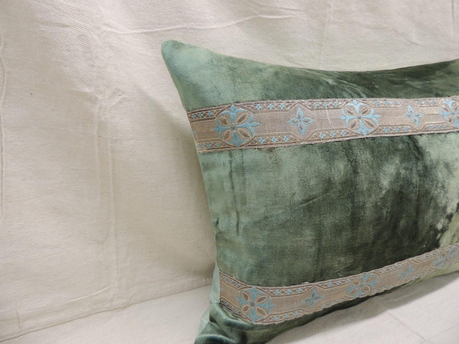 Regency Pair of Antique Crushed Velvet Green and Silver Bolsters Decorative Pillows