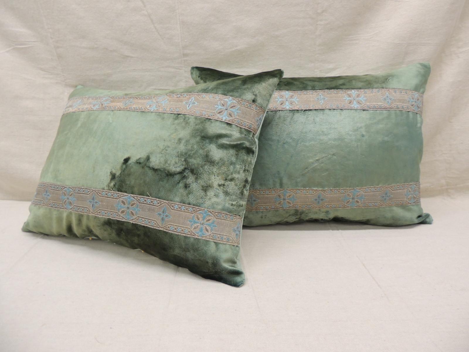 French Pair of Antique Crushed Velvet Green and Silver Bolsters Decorative Pillows