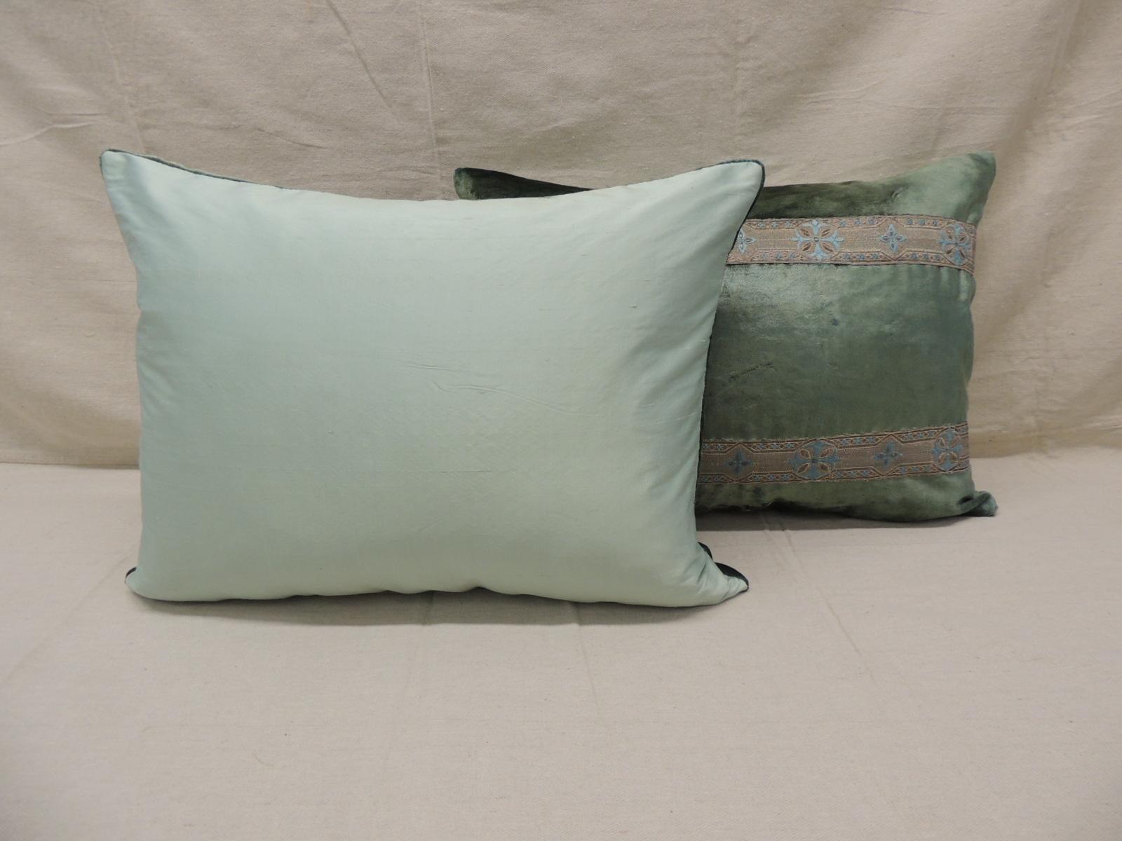 Pair of Antique Crushed Velvet Green and Silver Bolsters Decorative Pillows In Good Condition In Oakland Park, FL